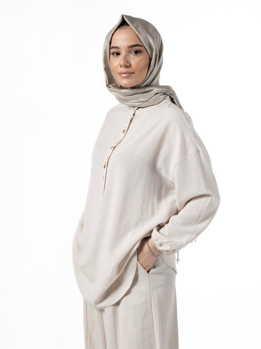 Merwish Deniz Kabuğu Keten Pantolunlu Takım 573-BEJ