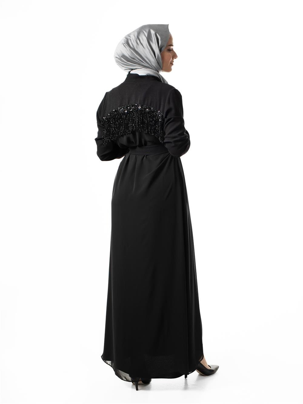 Heddy Önü ve Sırtı Boncuk İşlemeli Abaya 6608-SİYAH