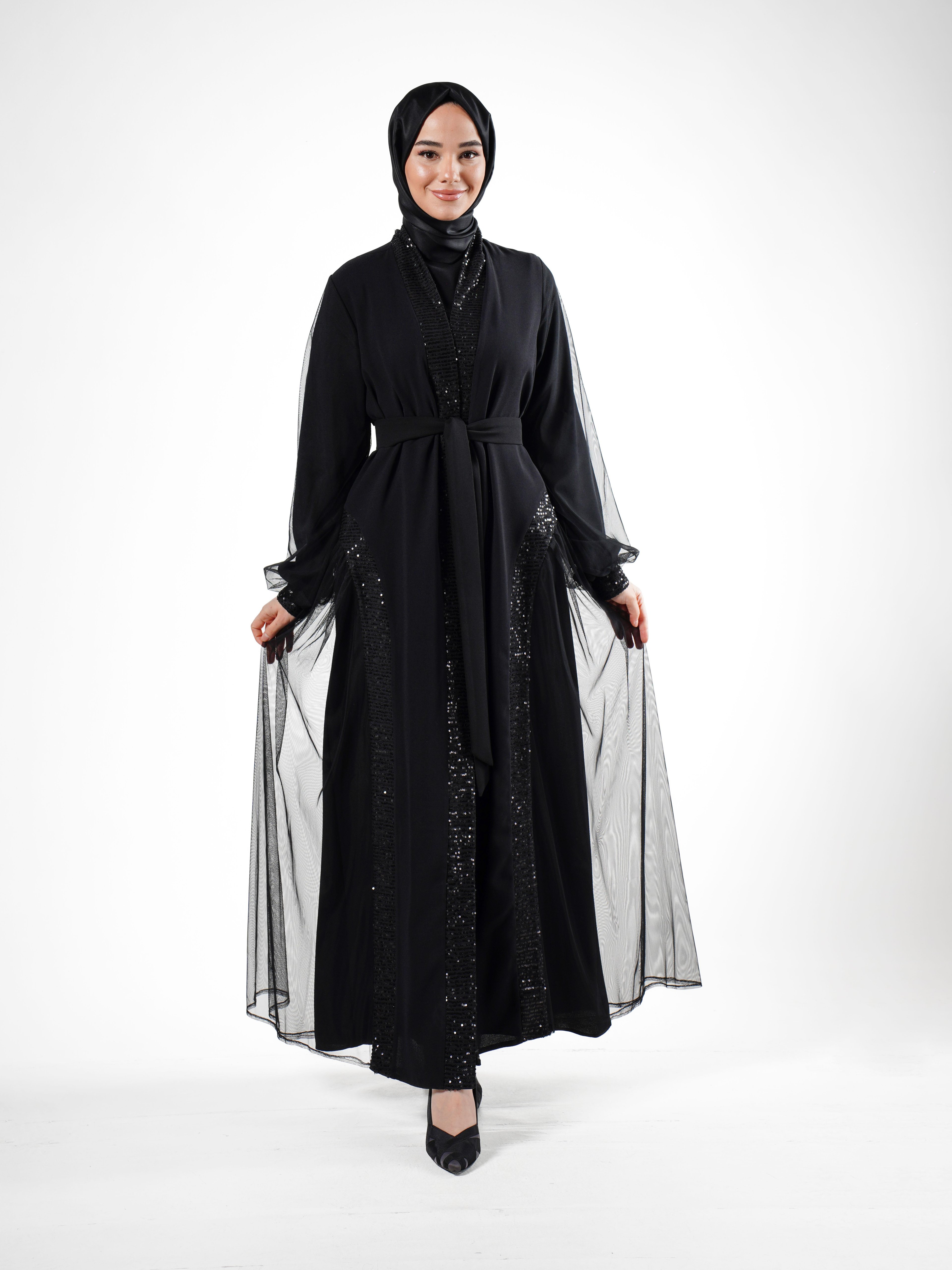 Heddy Pul ve Tül Detaylı İçli Dışlı Abaya 7634-SİYAH