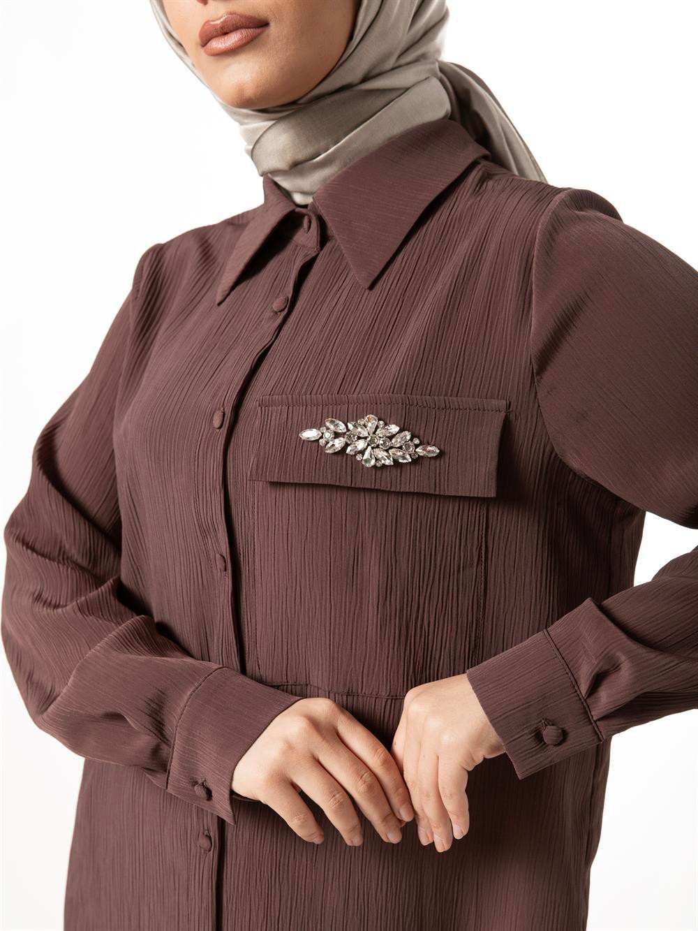 Heddy Gömlek Cebi Taş Detaylı Pantolonlu Takım 23411-KAHVERENGİ