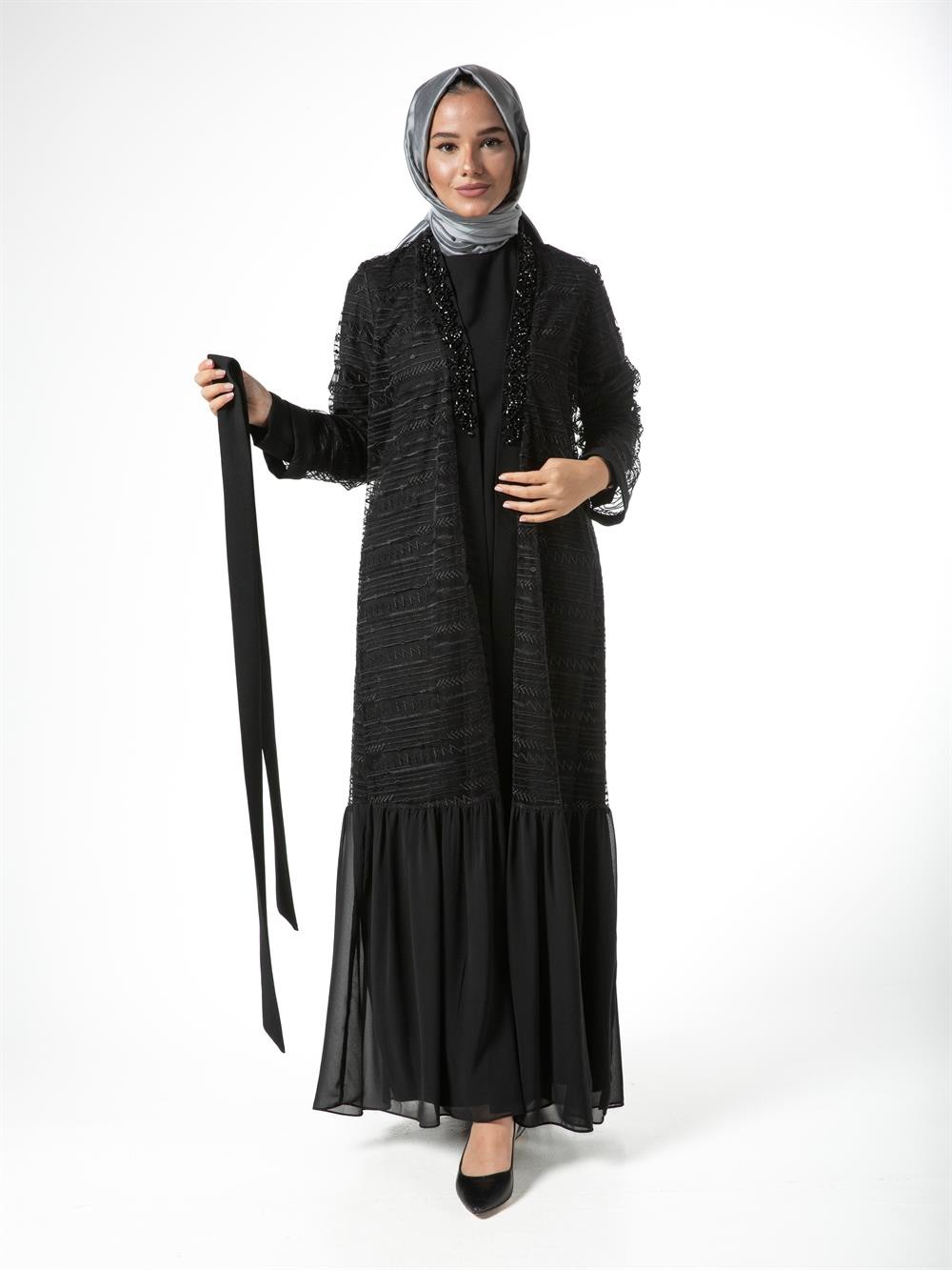 Heddy Tüllü Boncuklu Abaya 6611-SİYAH