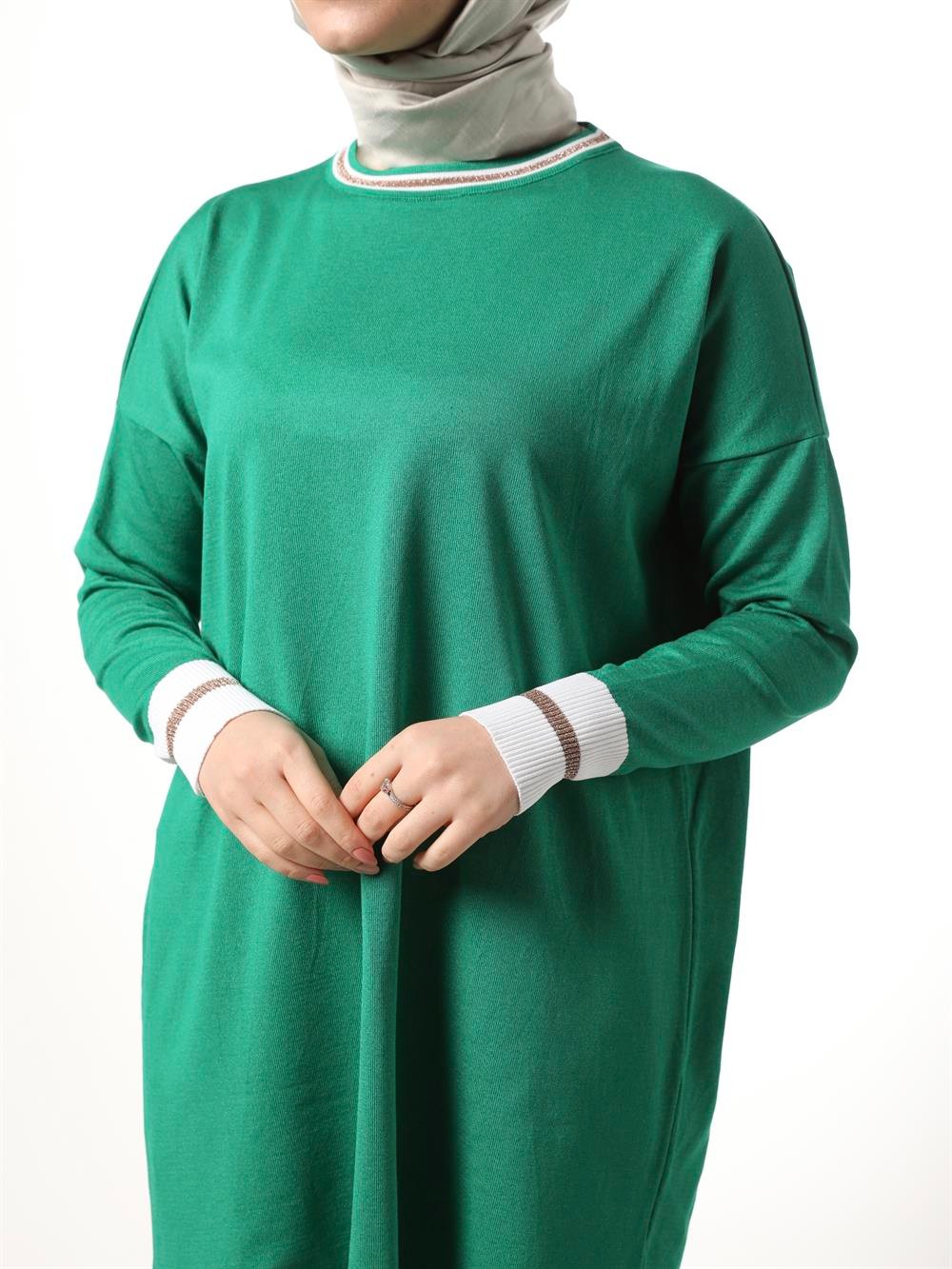 Belischa Kol Ve Yaka Simli Merserize Tunik 001-B.YEŞİL