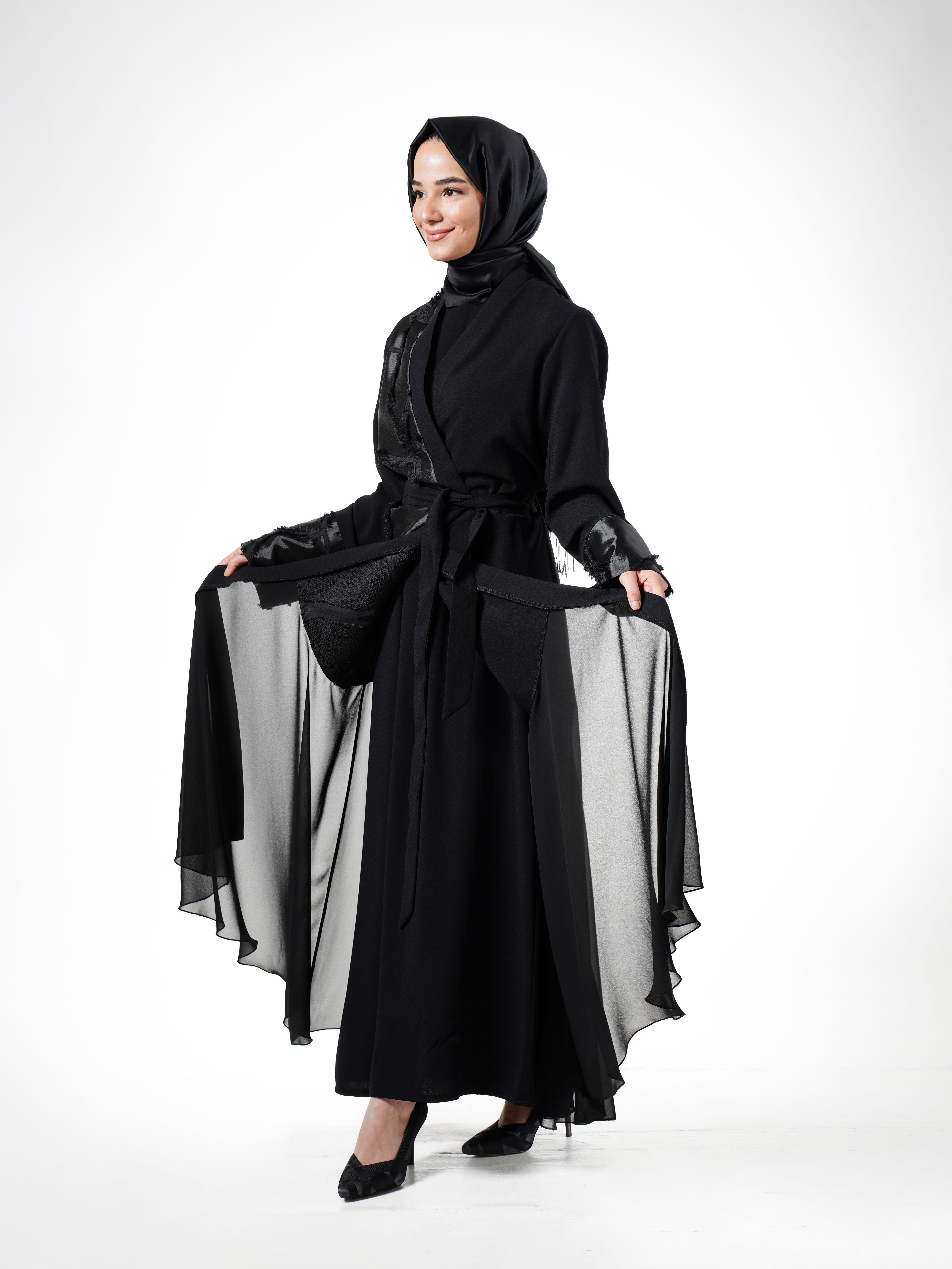 Heddy Tafta Detaylı İçli Dışlı Abaya 7648-SİYAH