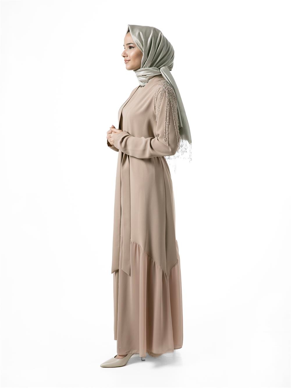 Heddy Omuzları Saçaklı Abaya 6603-BEJ