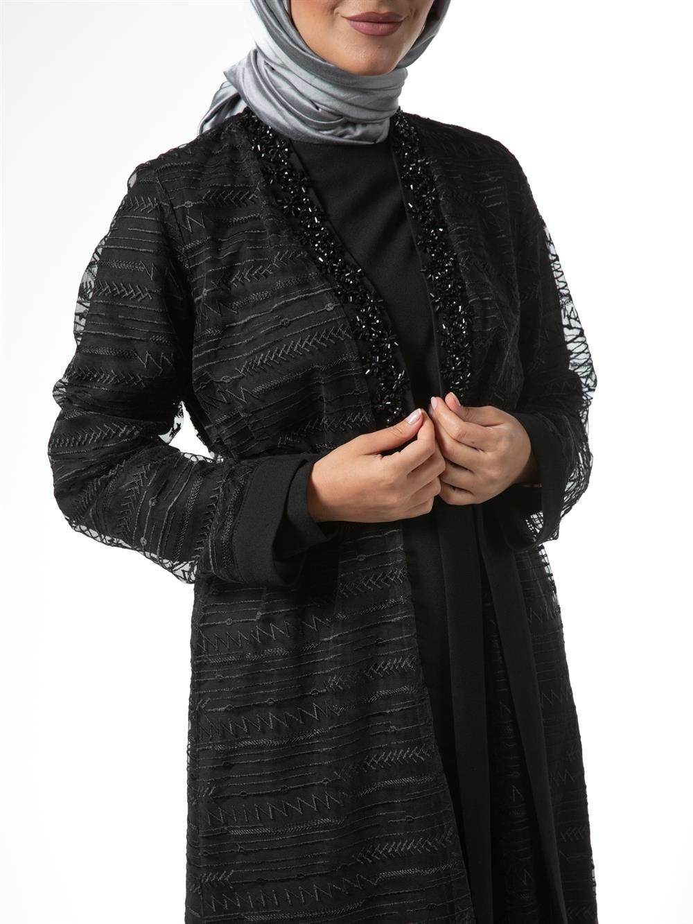 Heddy Tüllü Boncuklu Abaya 6611-SİYAH