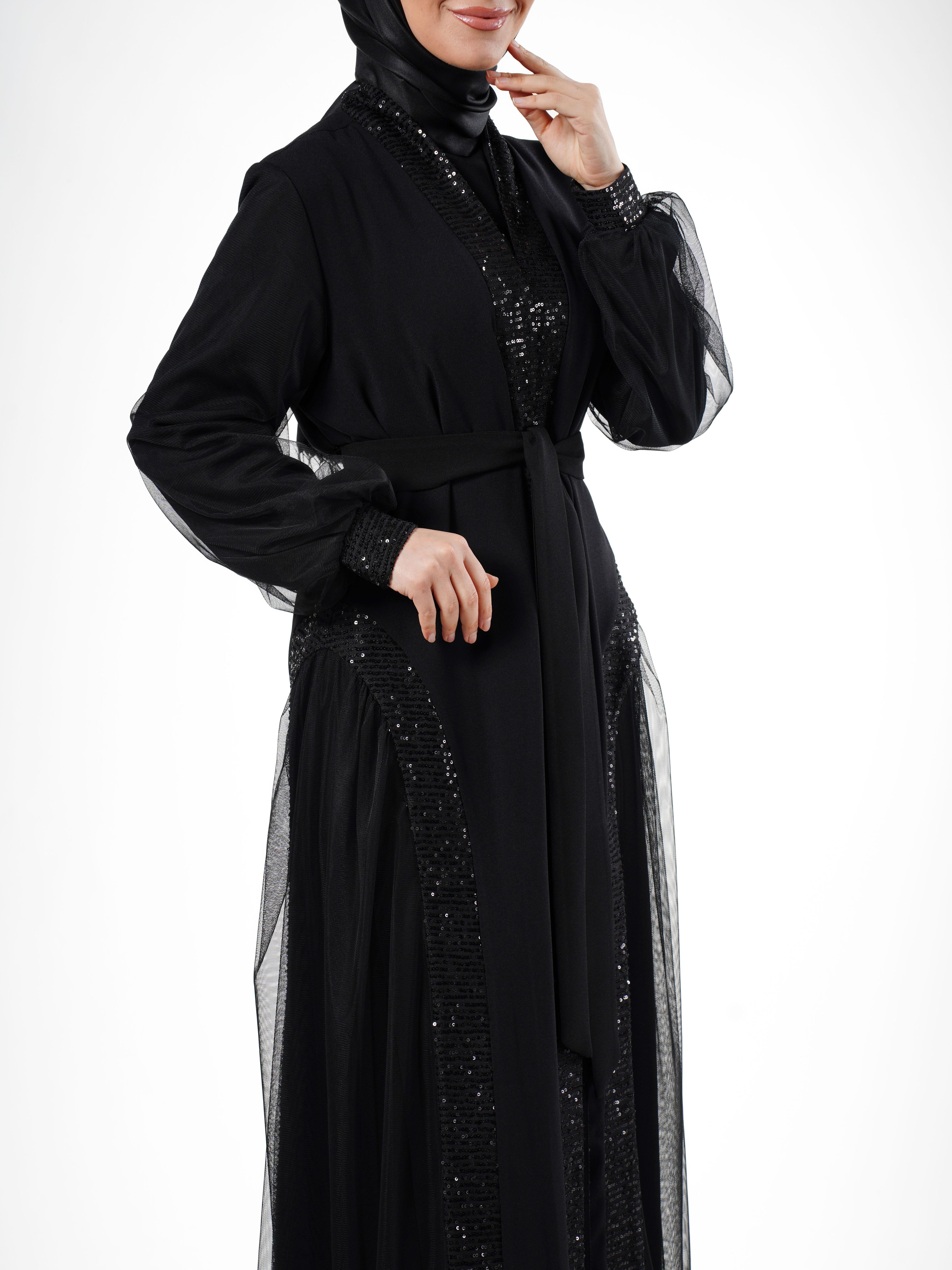 Heddy Pul ve Tül Detaylı İçli Dışlı Abaya 7634-SİYAH