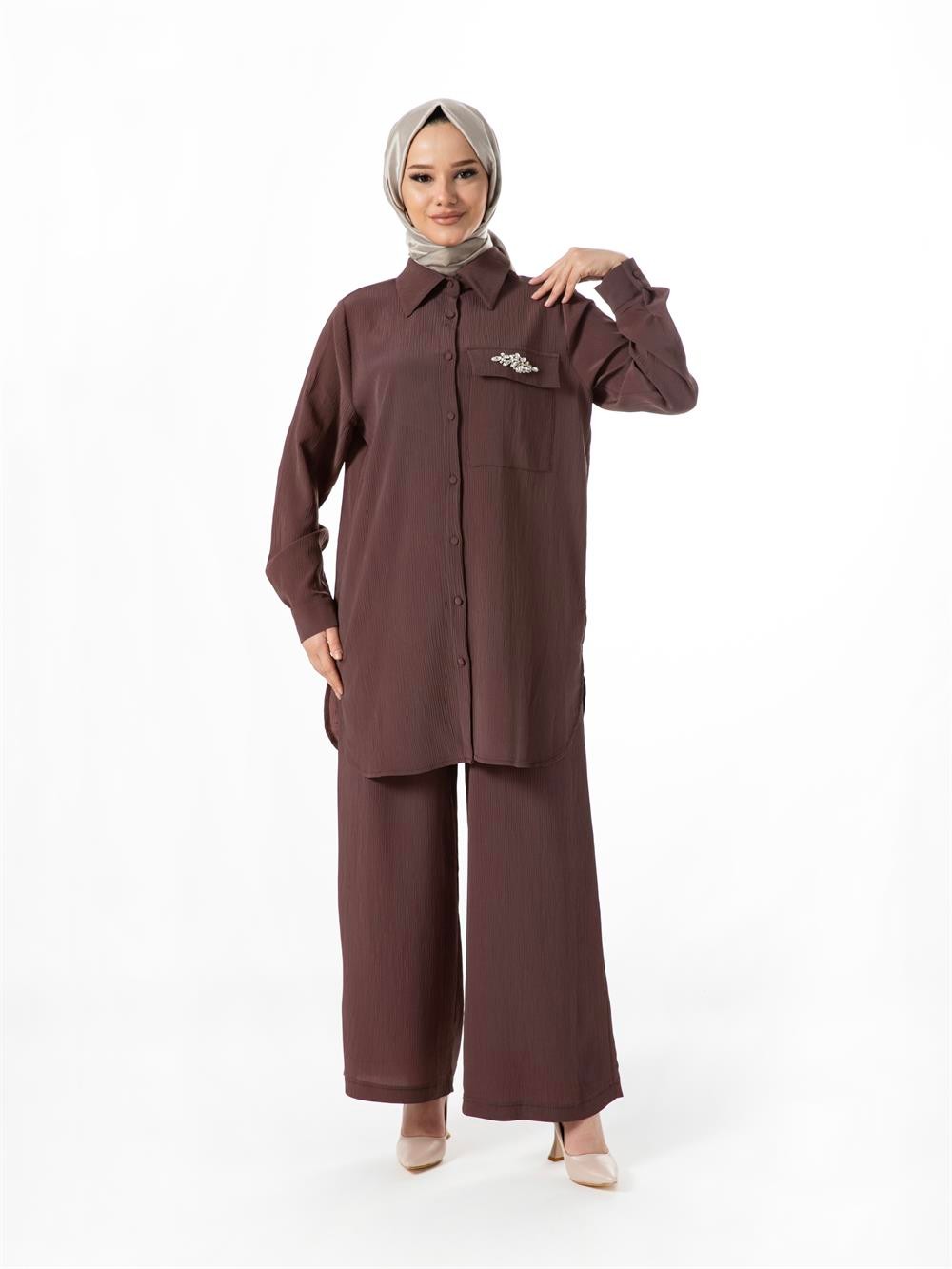 Heddy Gömlek Cebi Taş Detaylı Pantolonlu Takım 23411-KAHVERENGİ