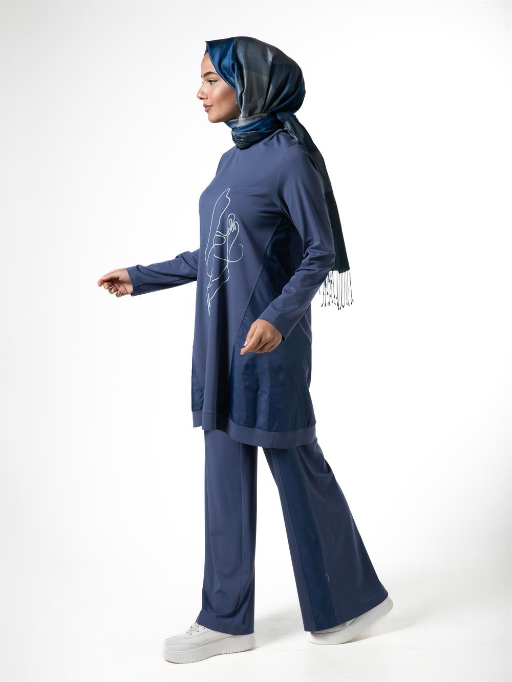 Heddy Ön Desenli Pantolonlu Takım 23407-İNDİGOMAVİ