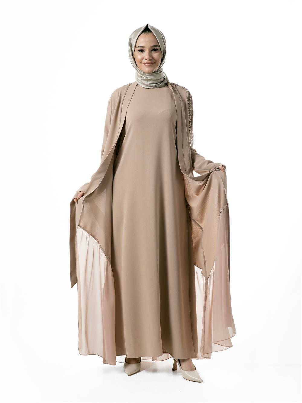 Heddy Omuzları Saçaklı Abaya 6603-BEJ