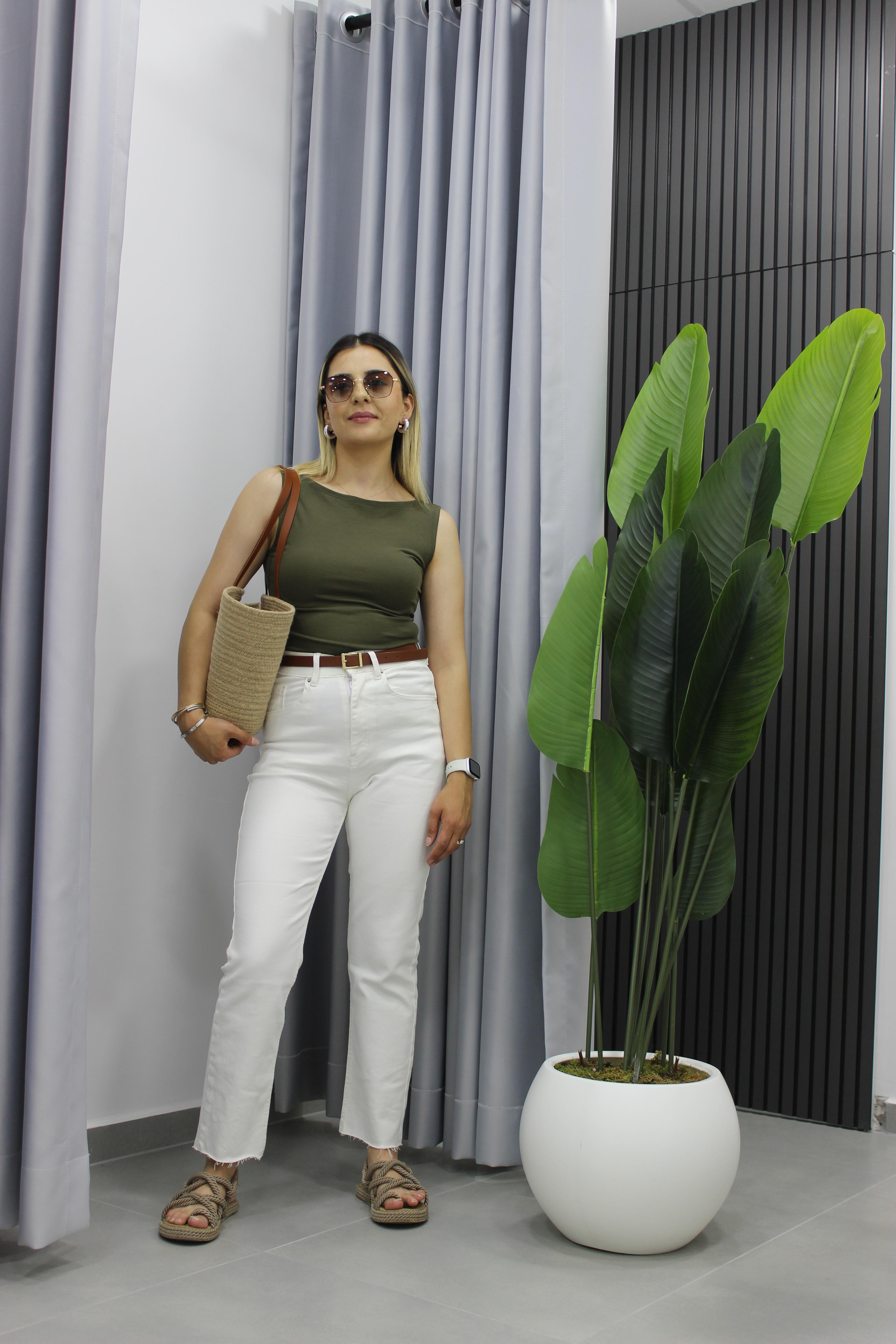 Crop Slim Kesik Paça Pantolon - Beyaz