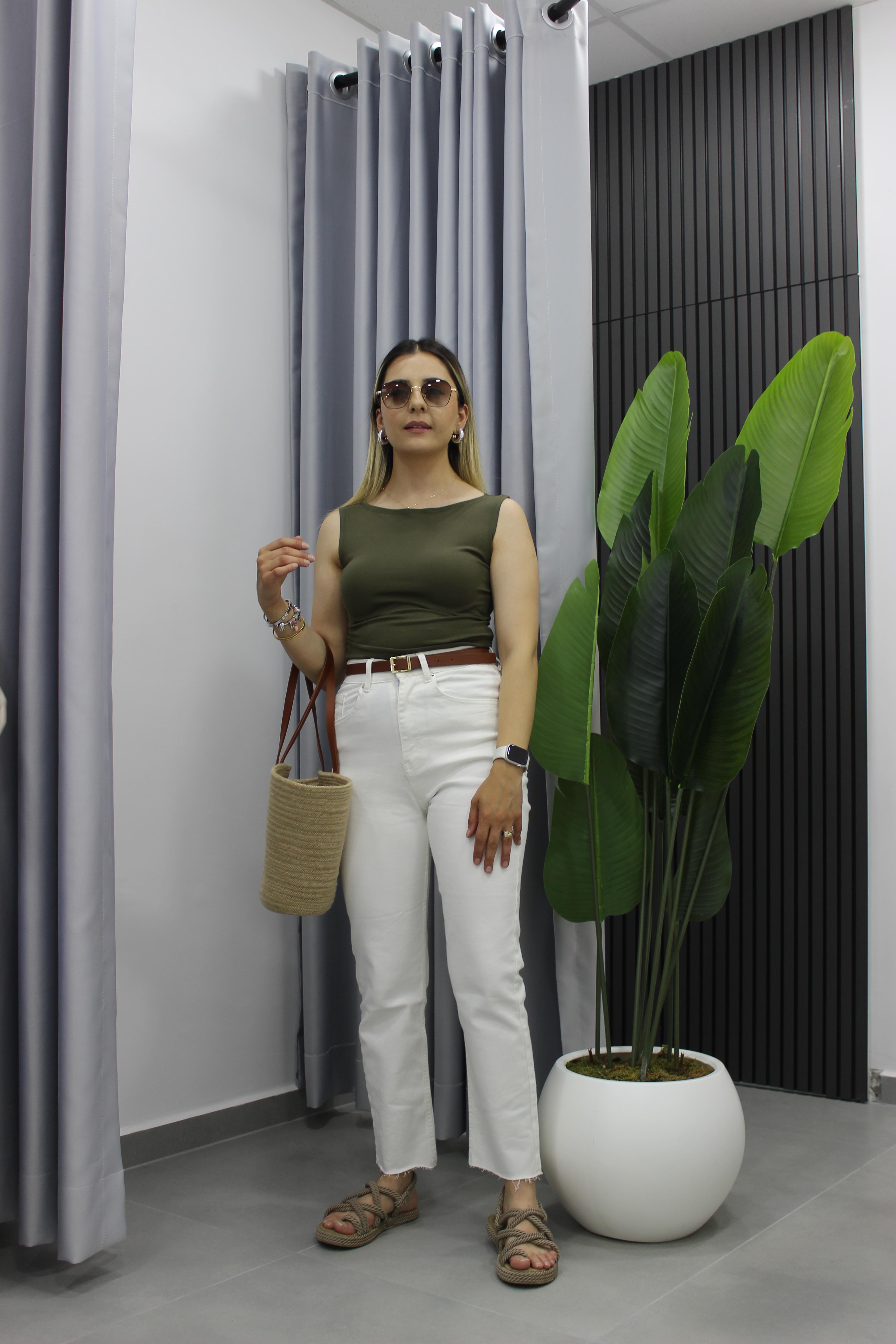 Crop Slim Kesik Paça Pantolon - Beyaz