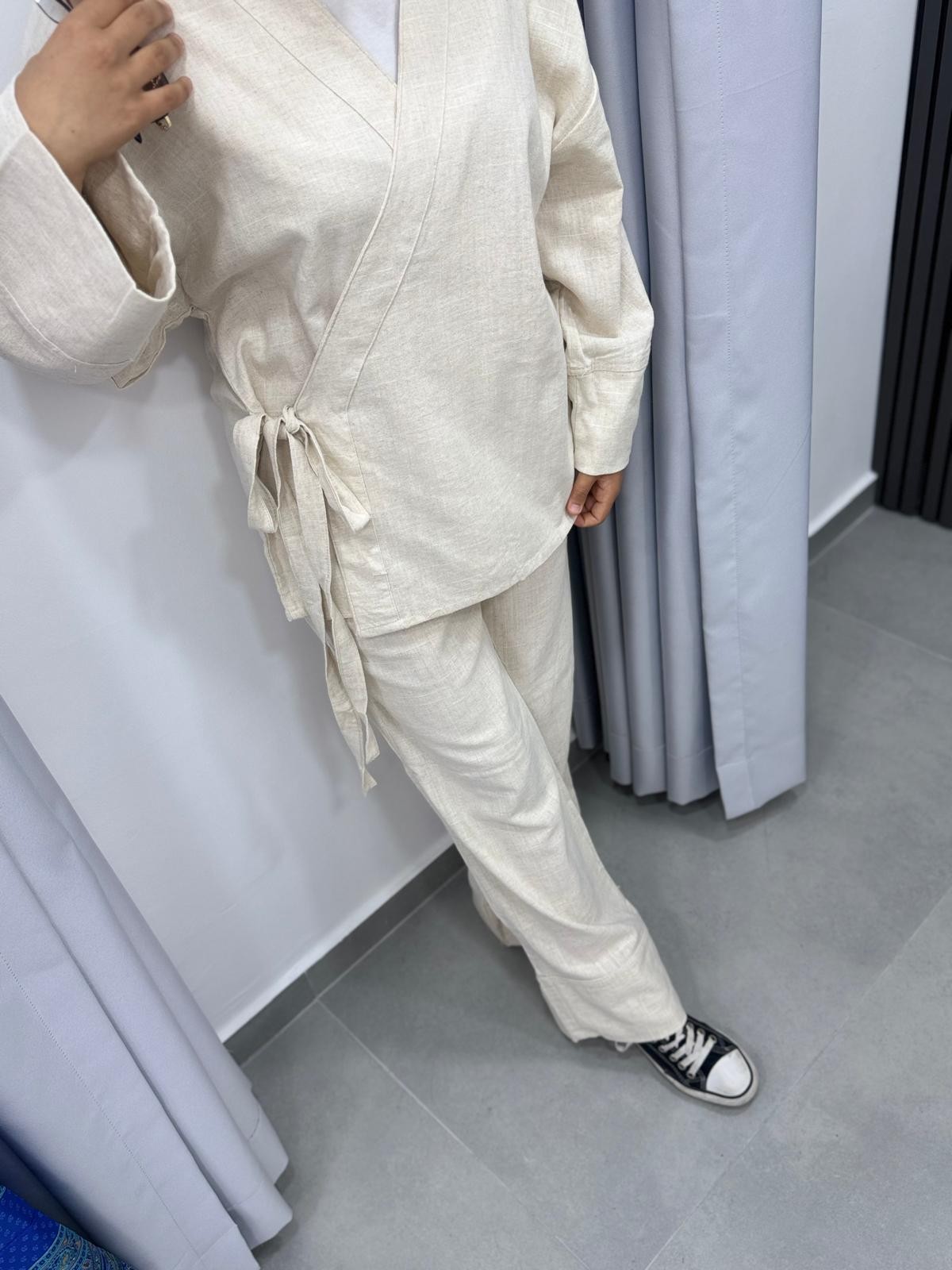 Bağlamalı Kimono Takım - Krem