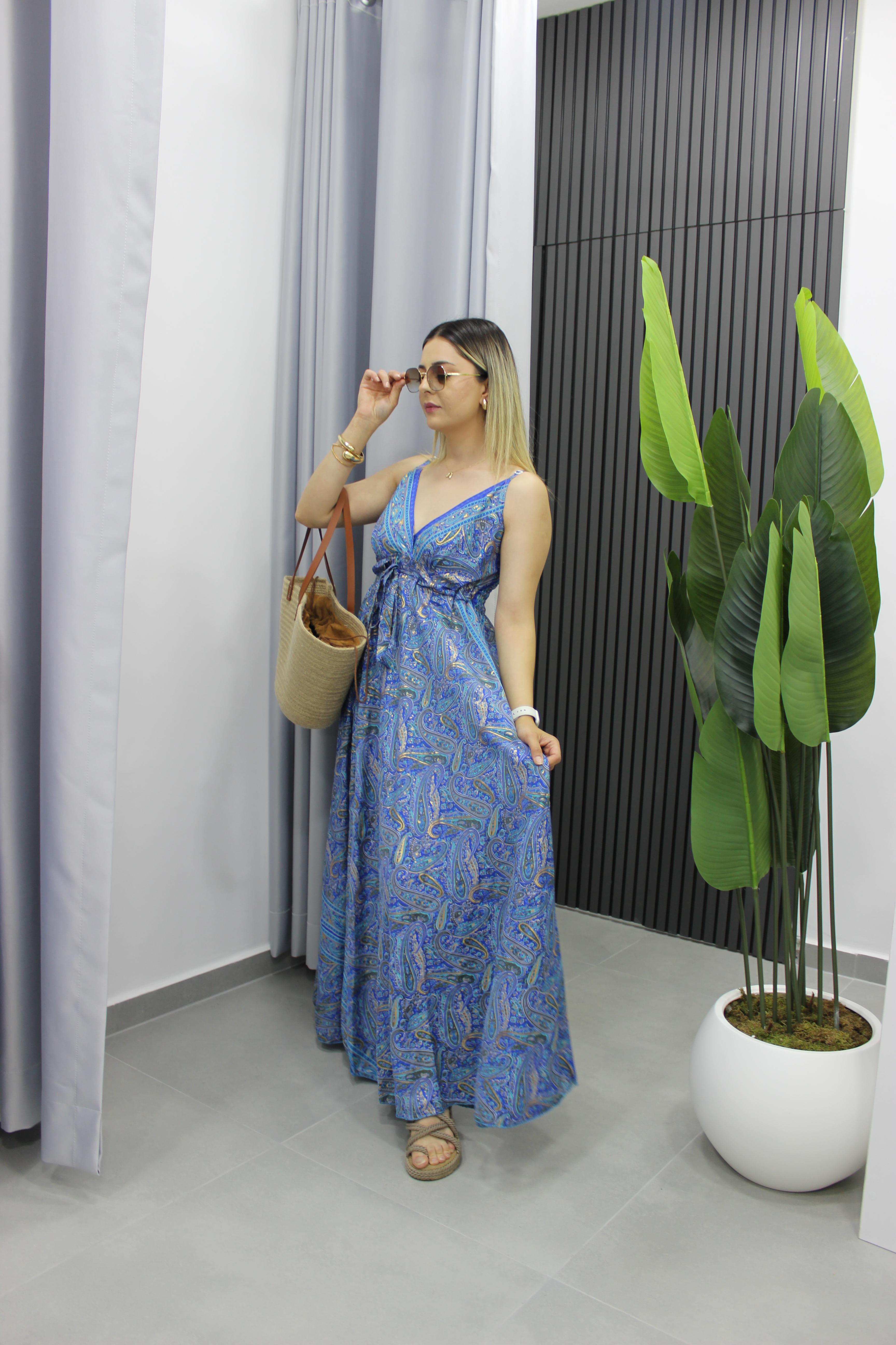 Saten Paisley Elbise - Mavi