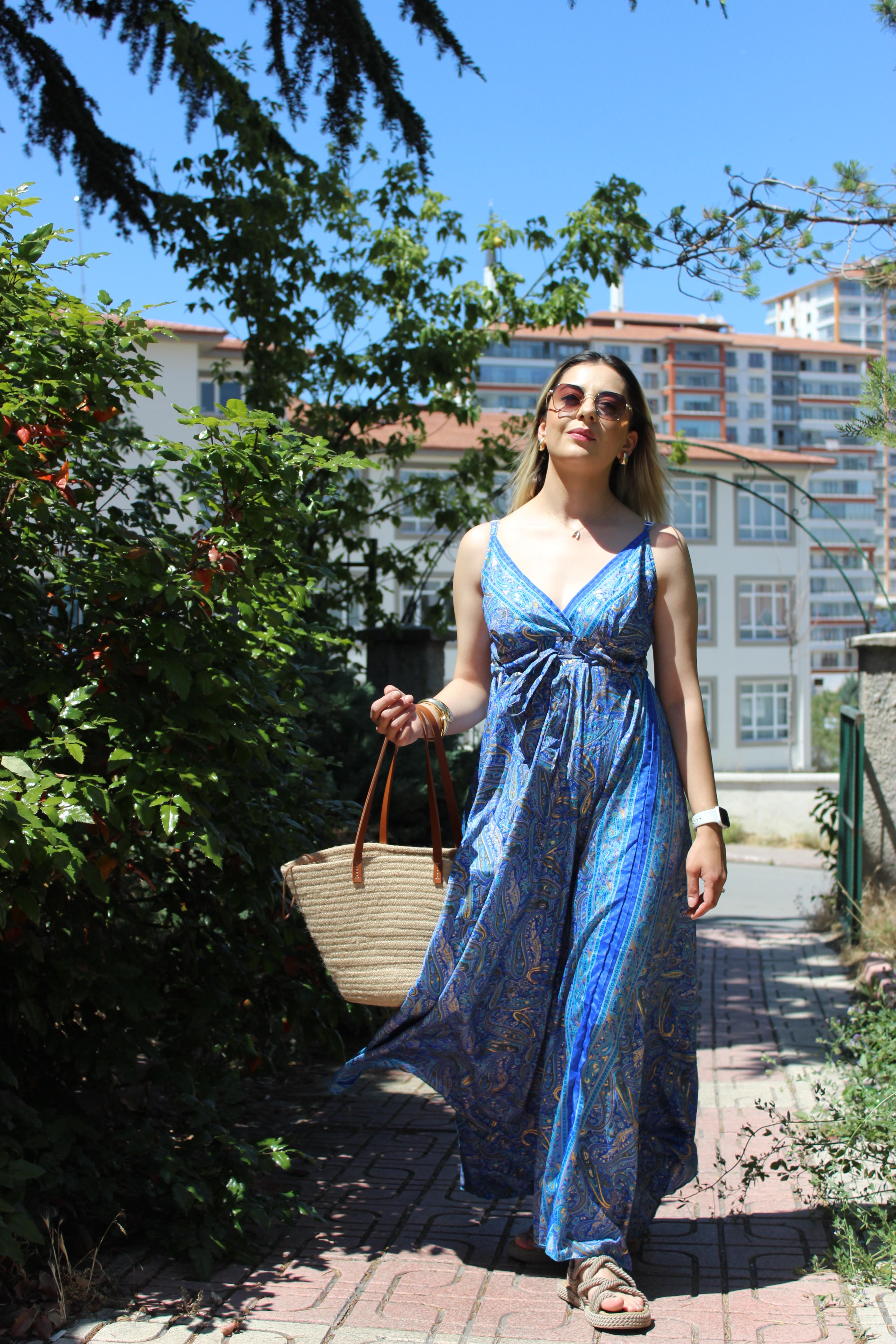 Saten Paisley Elbise - Mavi