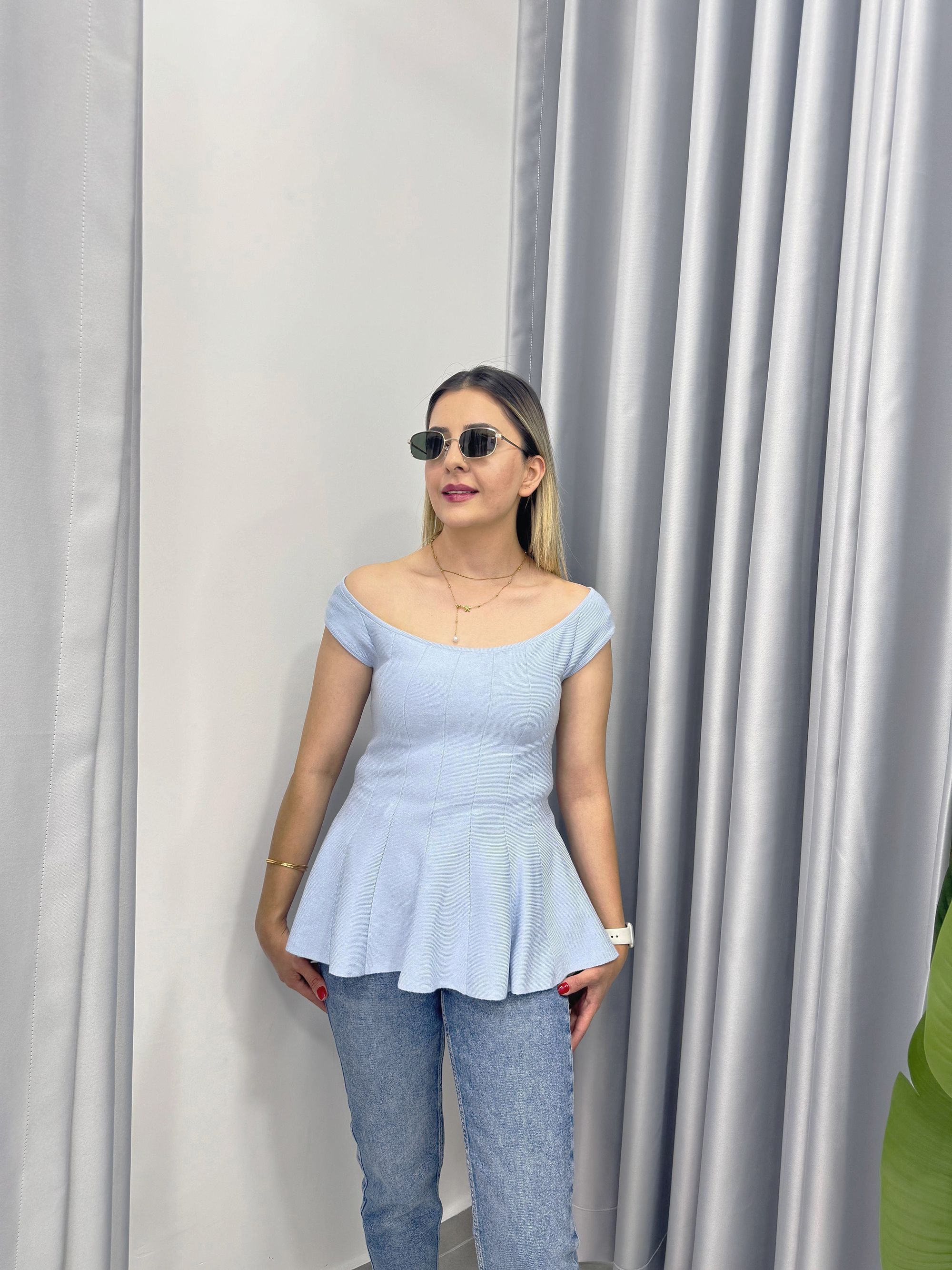 Volanlı Triko Bluz - Mavi