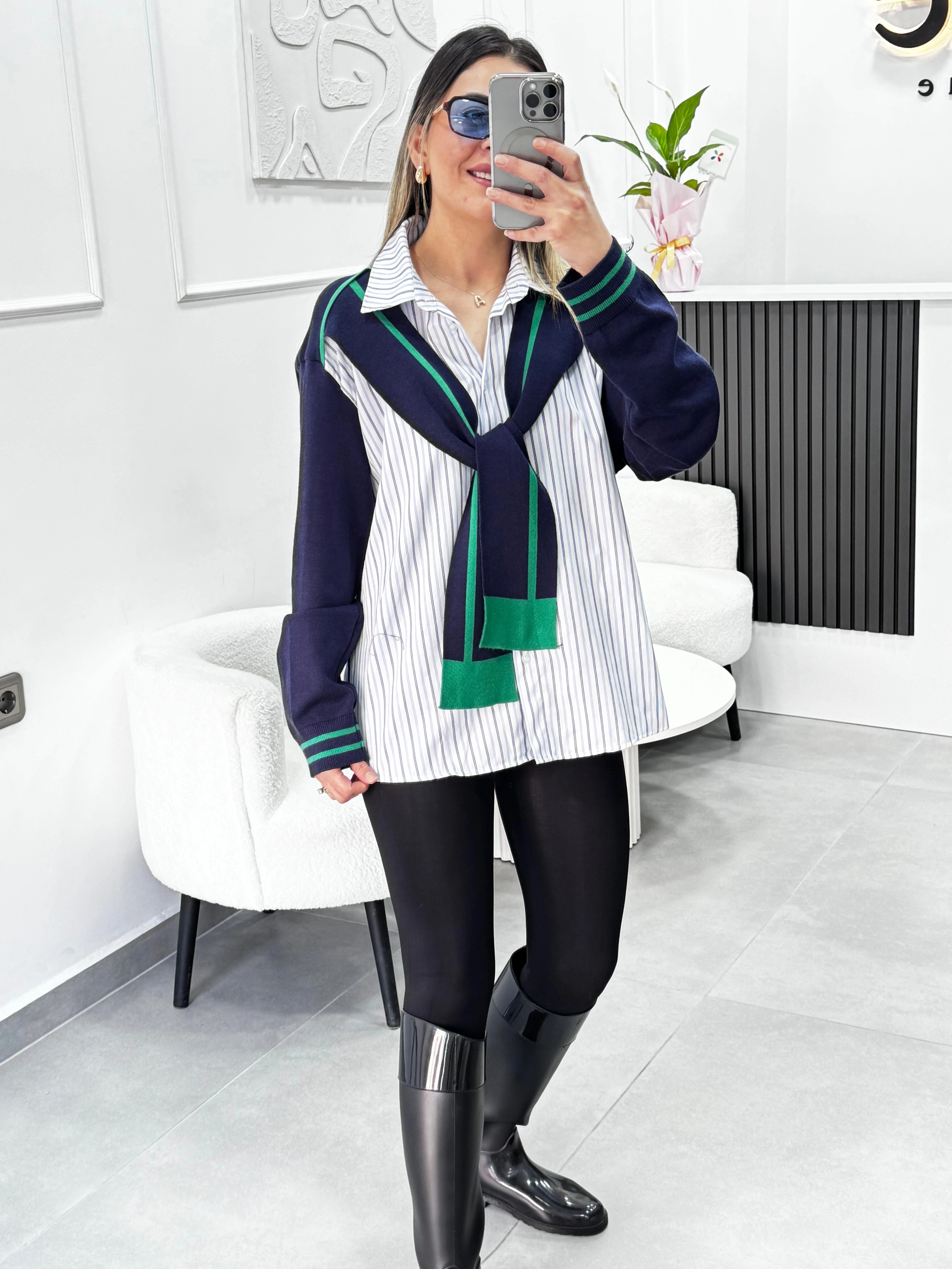 Çift Görünümlü Kaşkollu Triko Gömlek