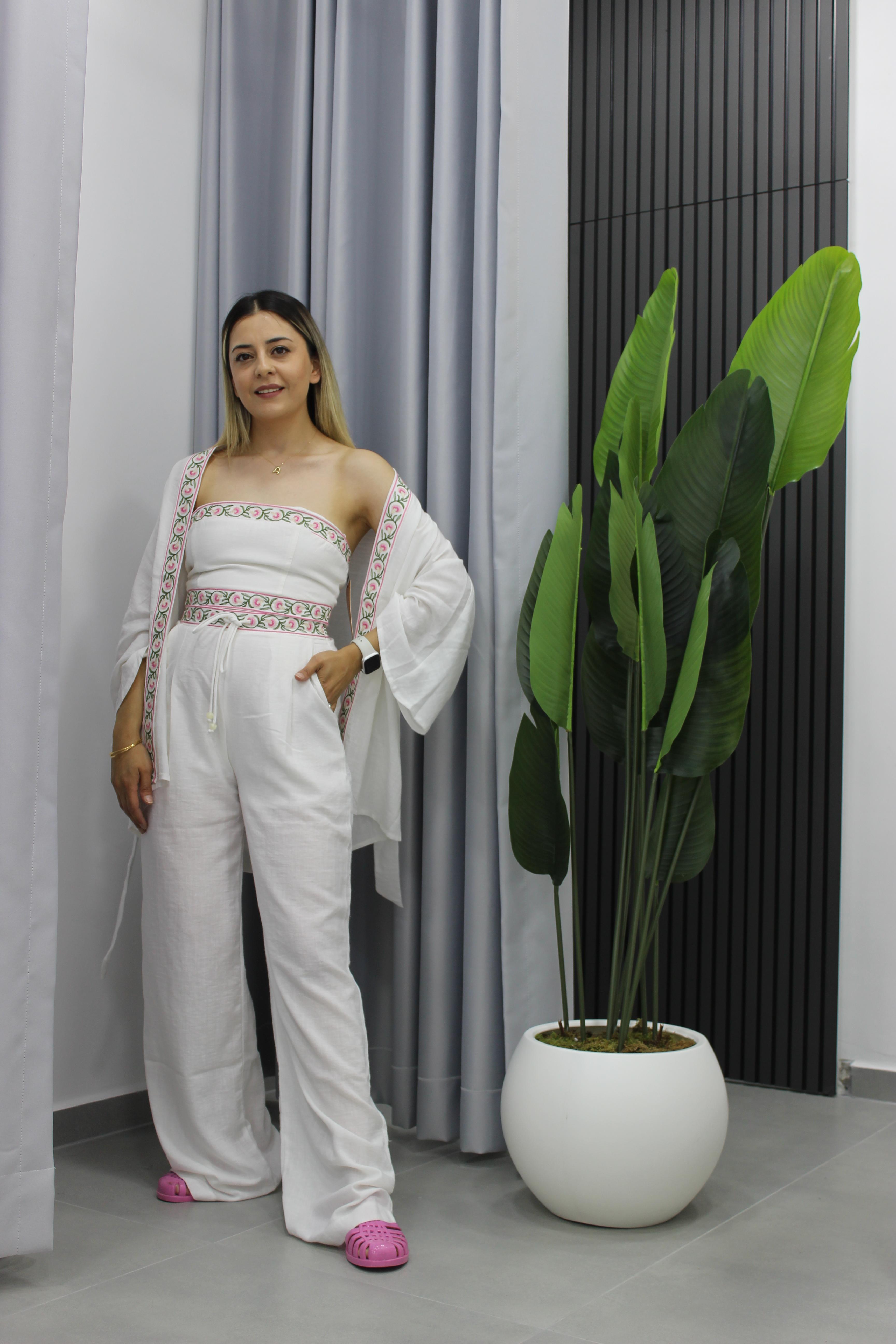 Nakış ve Boncuk Detaylı Keten Pantolon - Beyaz