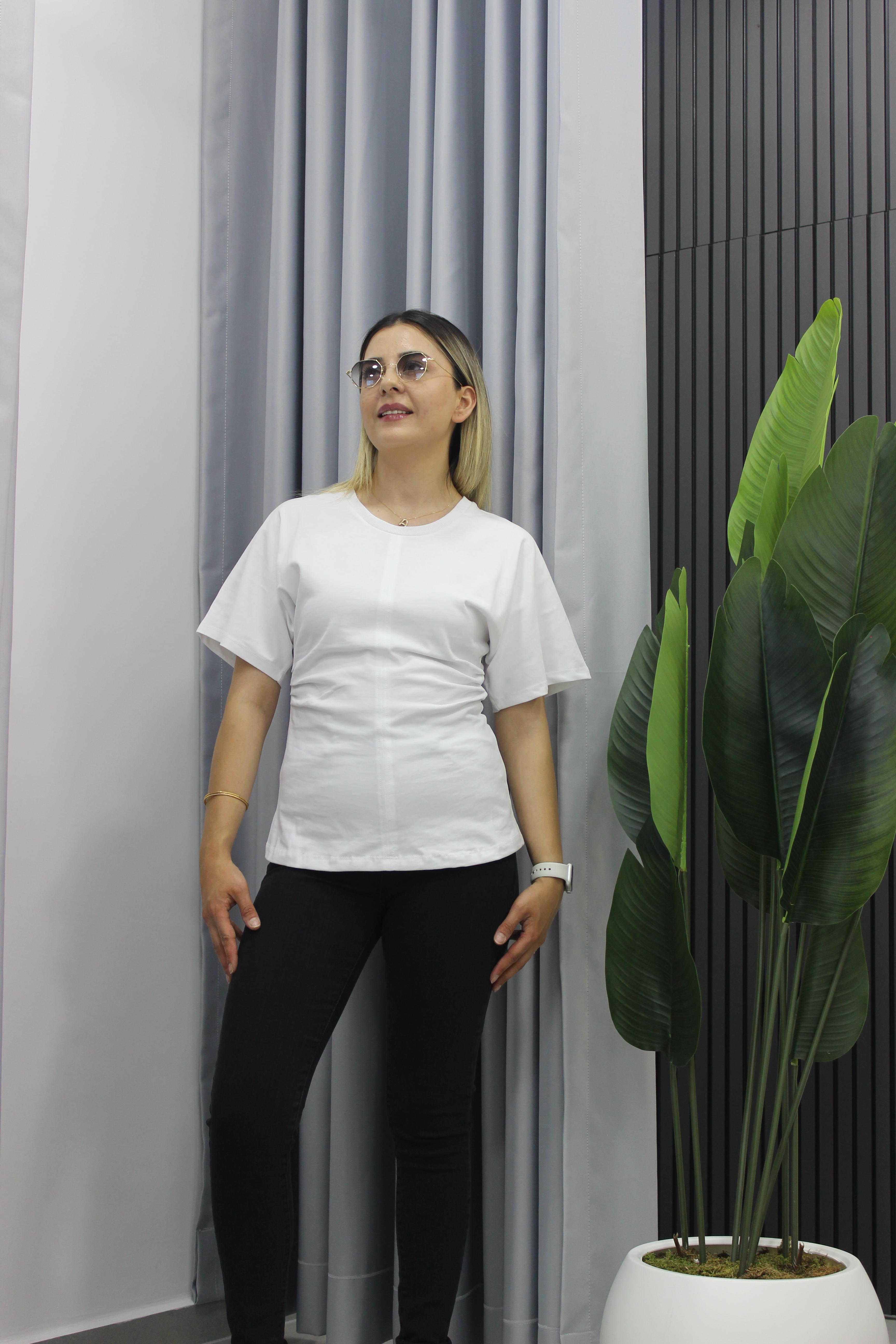 Beyaz Drape Detaylı Tişört 