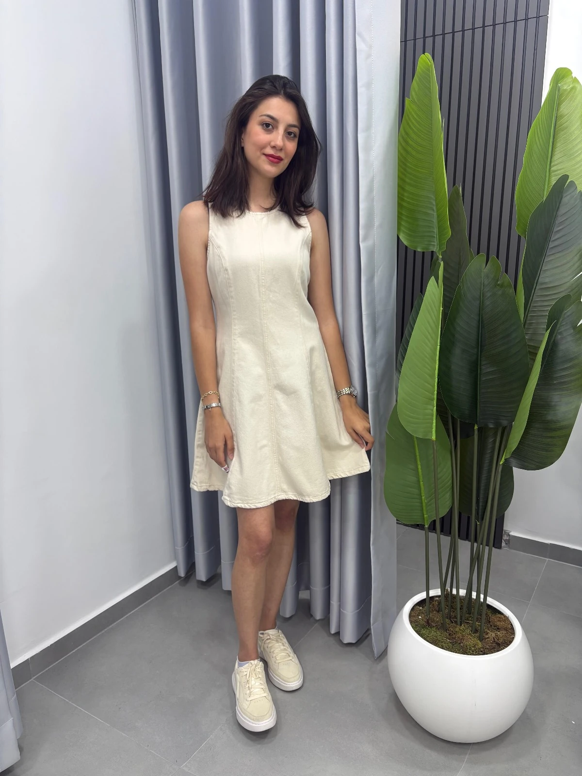 Godeli Kloş Pamuklu Elbise - Ekru