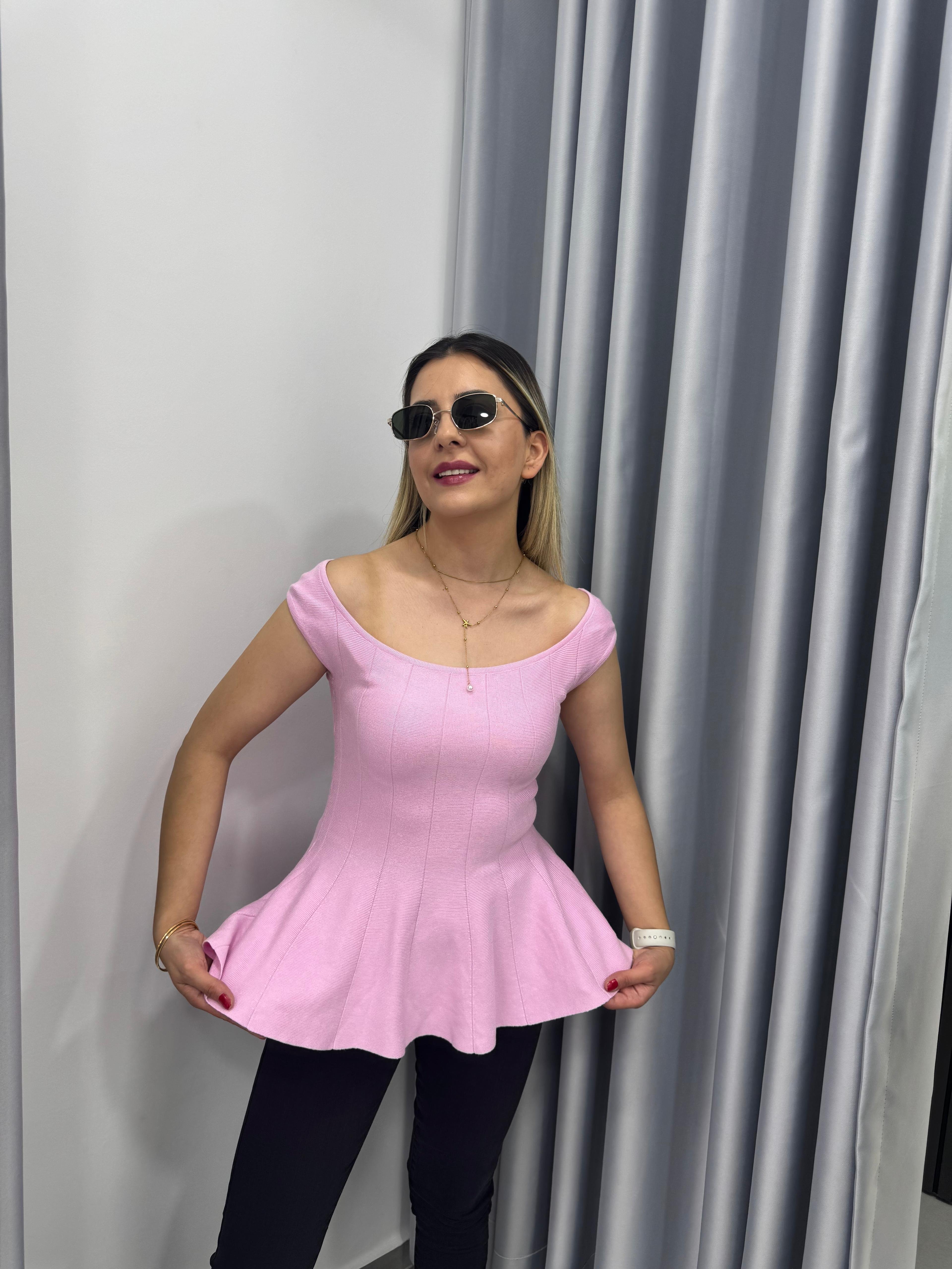 Volanlı Triko Bluz - pembe