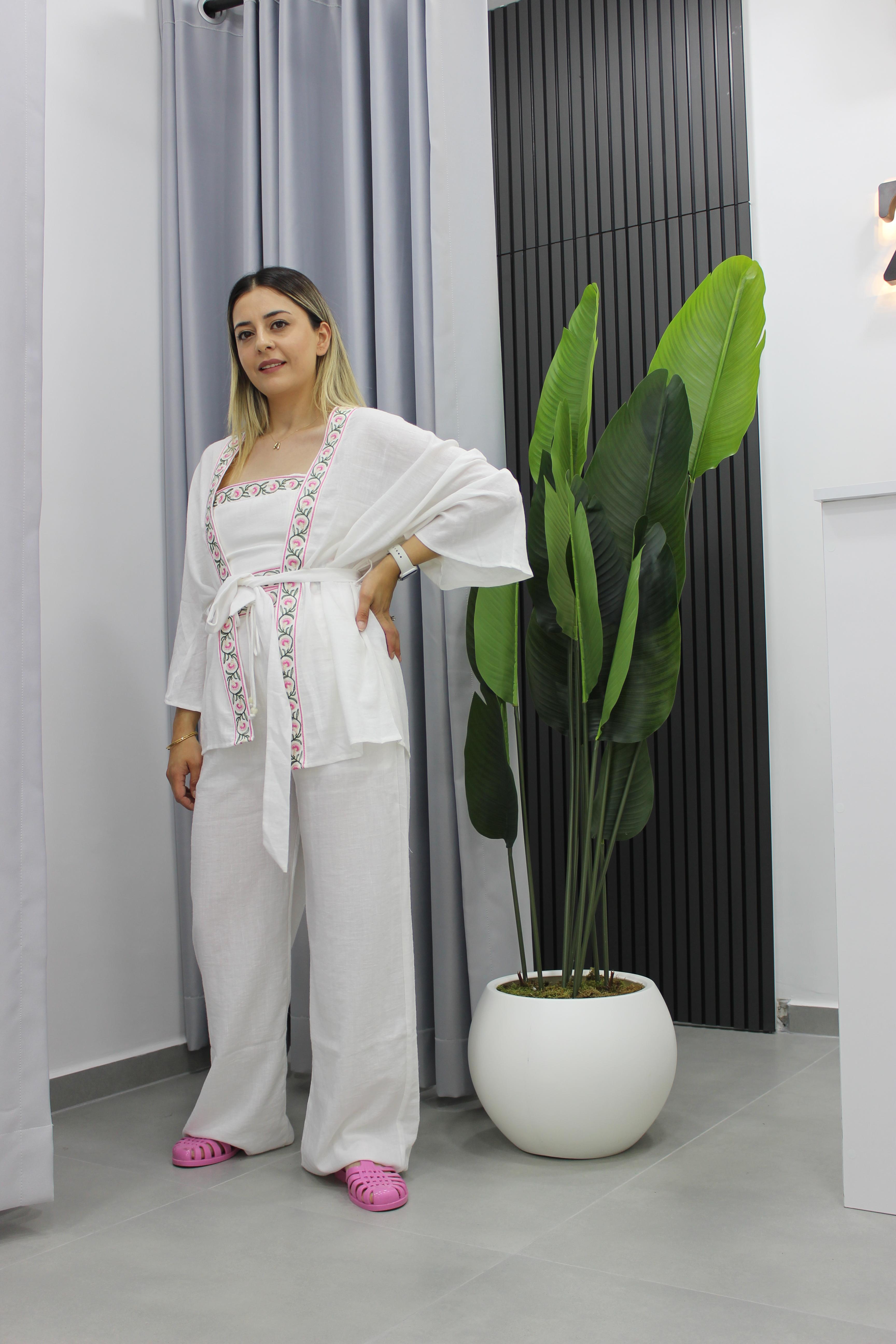 Nakış Detaylı Kimono Ceket - Beyaz