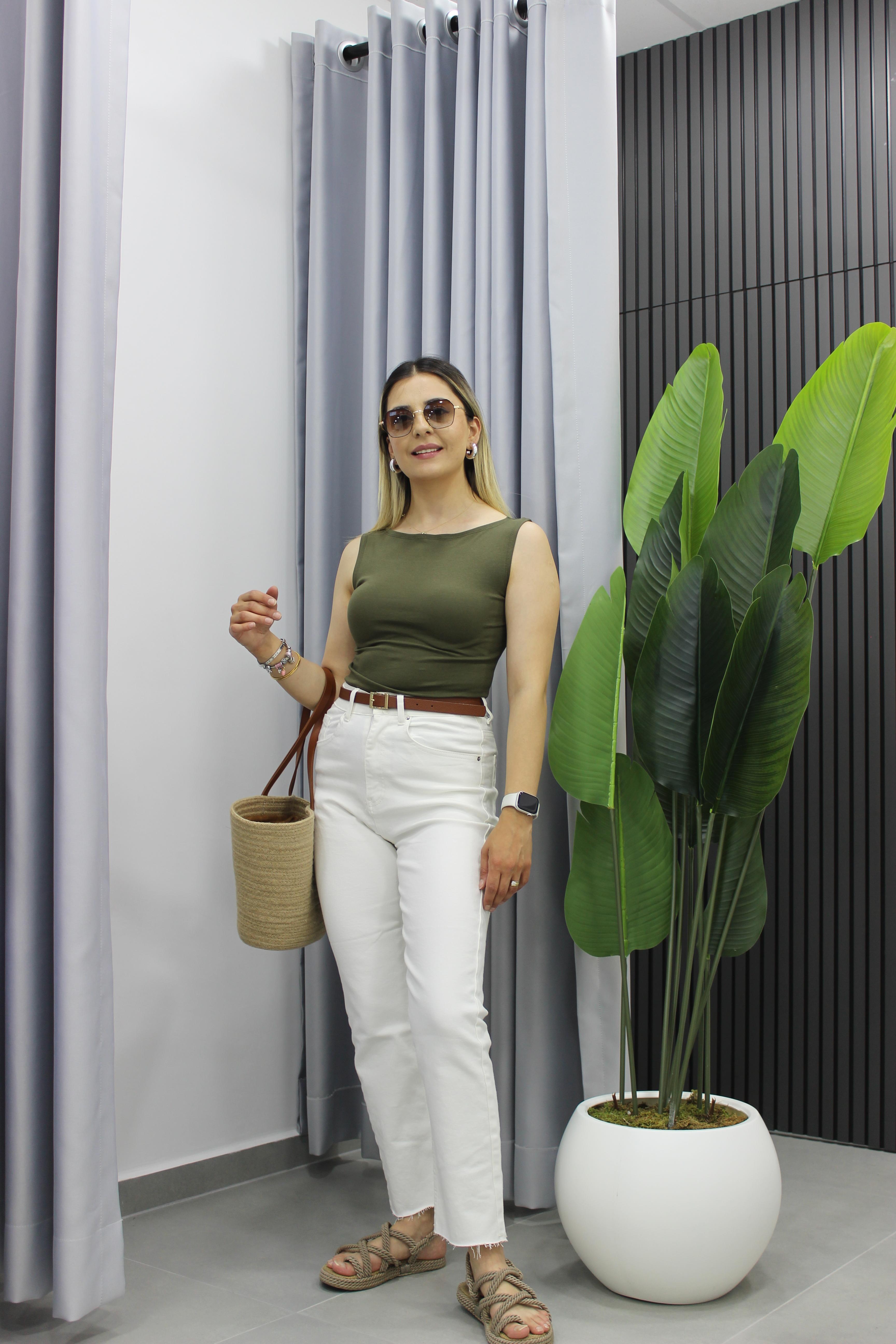 Kayık Yaka Kolsuz Bodysuit - Haki