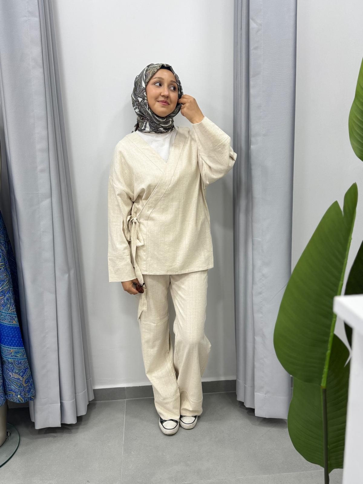 Bağlamalı Kimono Takım - Krem