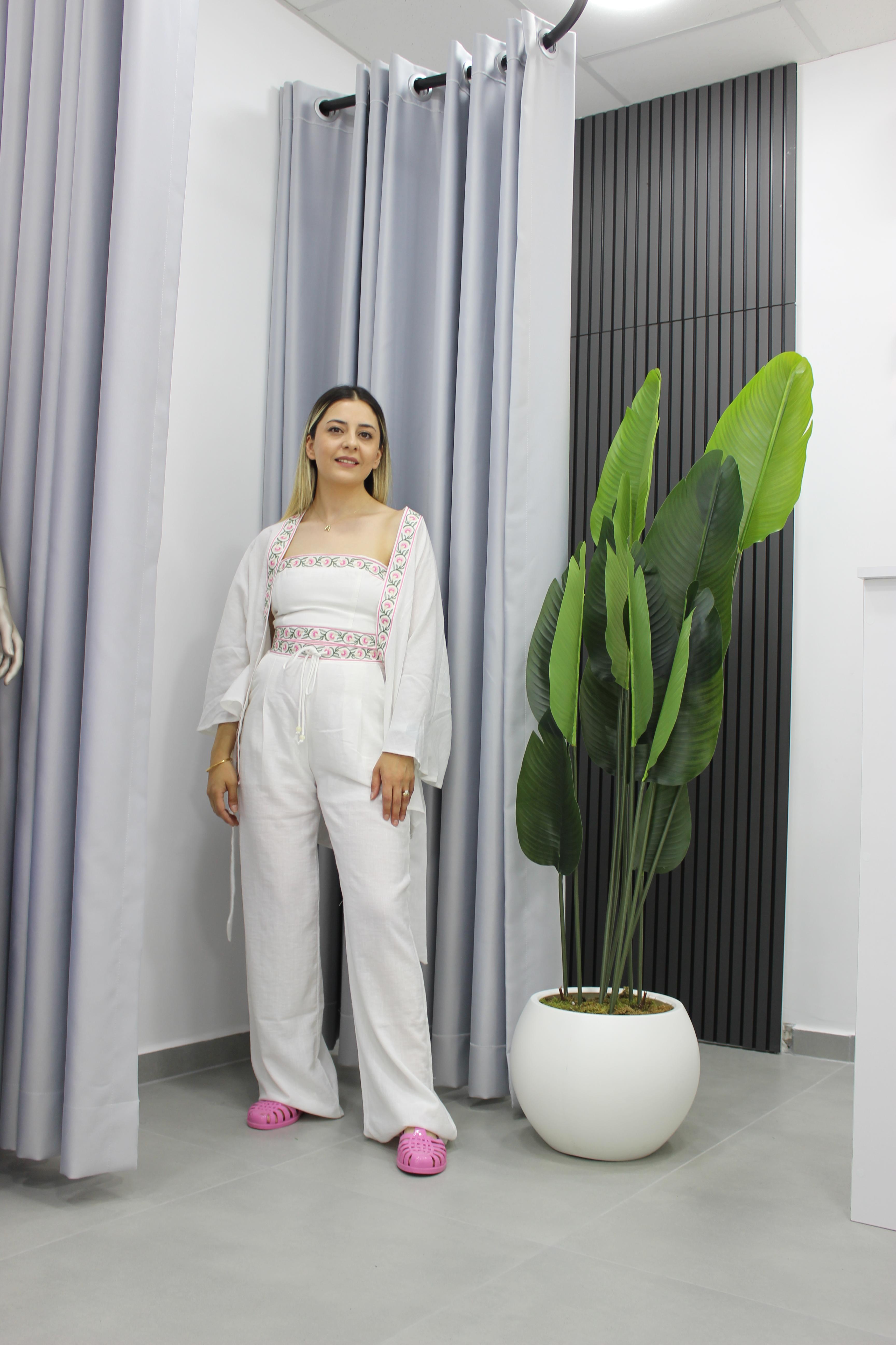 Nakış ve Boncuk Detaylı Keten Pantolon - Beyaz