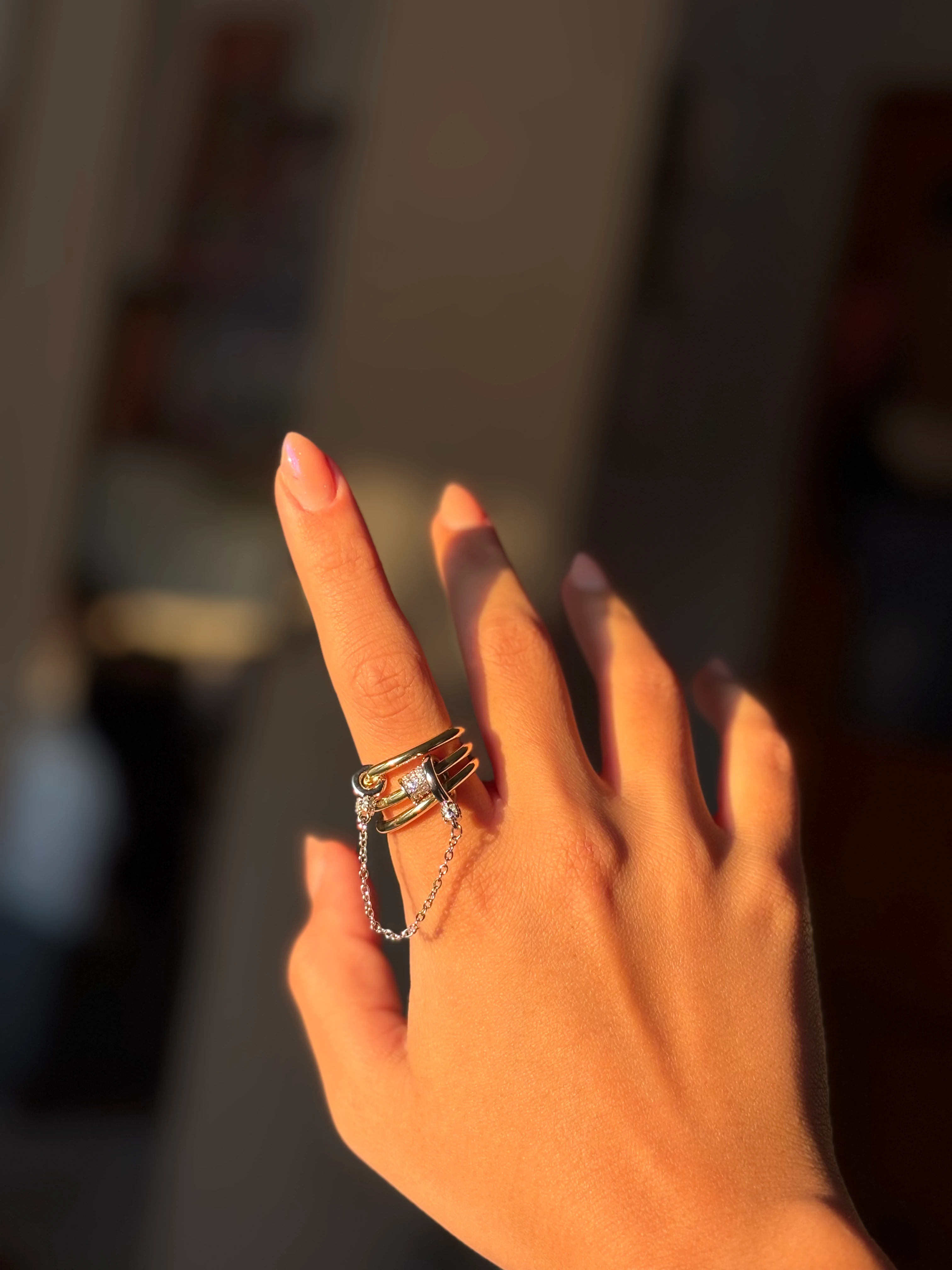 Mix Renk Baget Zirkon Taşlı Zincir Detaylı Üçlü Tasarım Yüzük