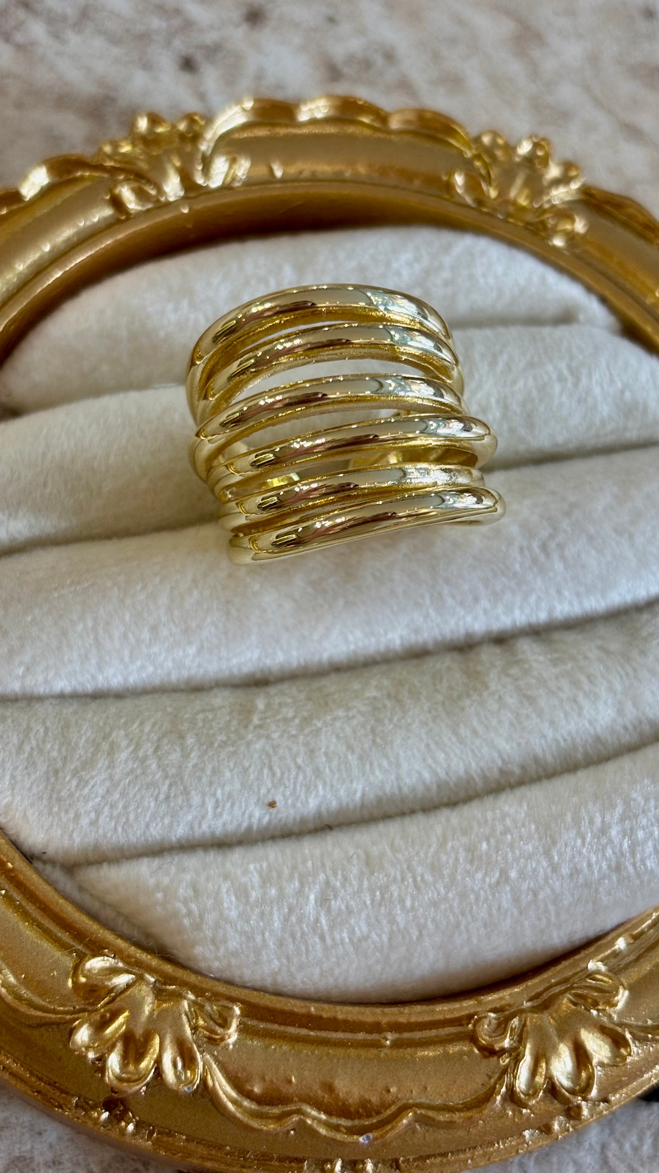 Sıra Şeritli Bombeli Gold Ayarlanabilir Yüzük
