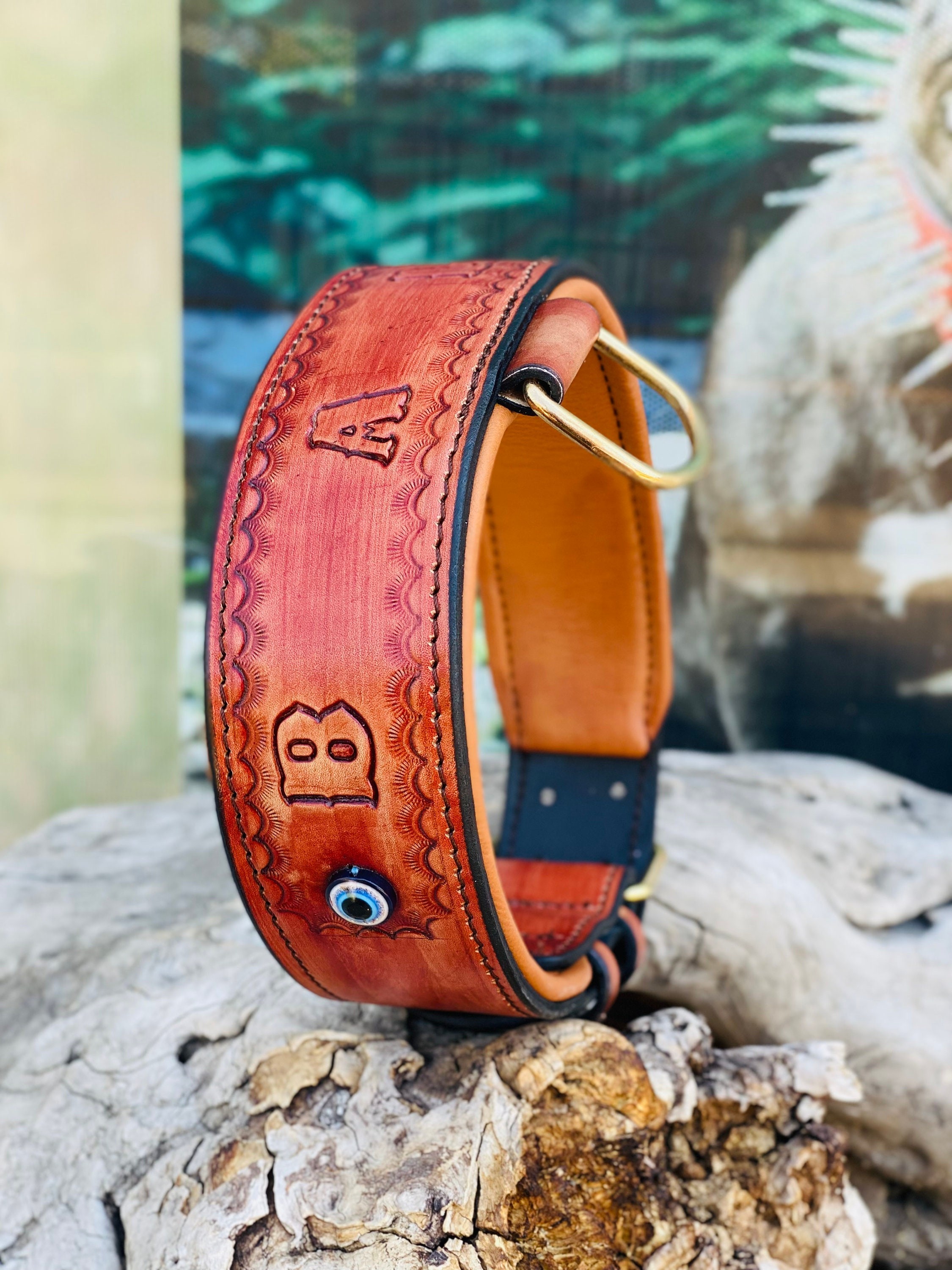 🧿 6 cm hand crafted el işlemeli özel isimli nazar boncuklu el yapımı deri köpek tasması – kişiye özel şık ve dayanıklı tasarım 🐾