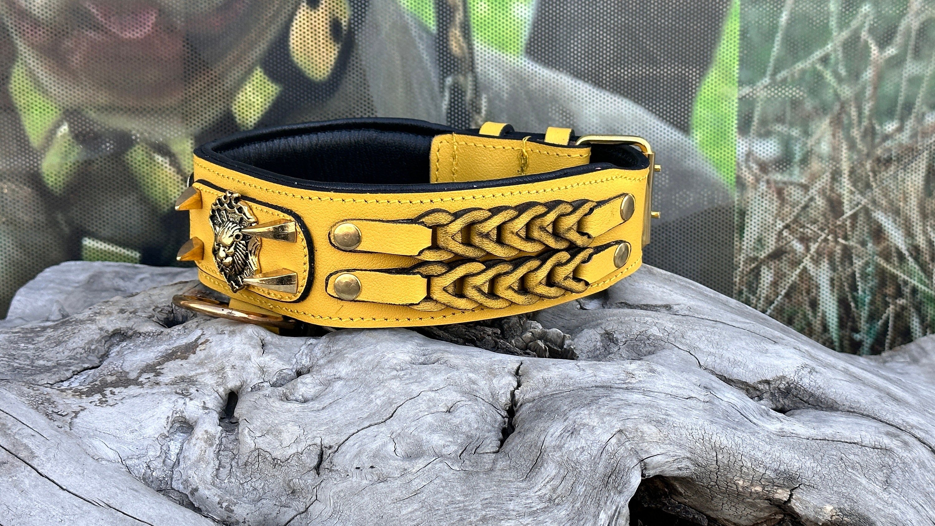 LEATHER MESH MODEL DOG NECK COLLAR (YELLOW)