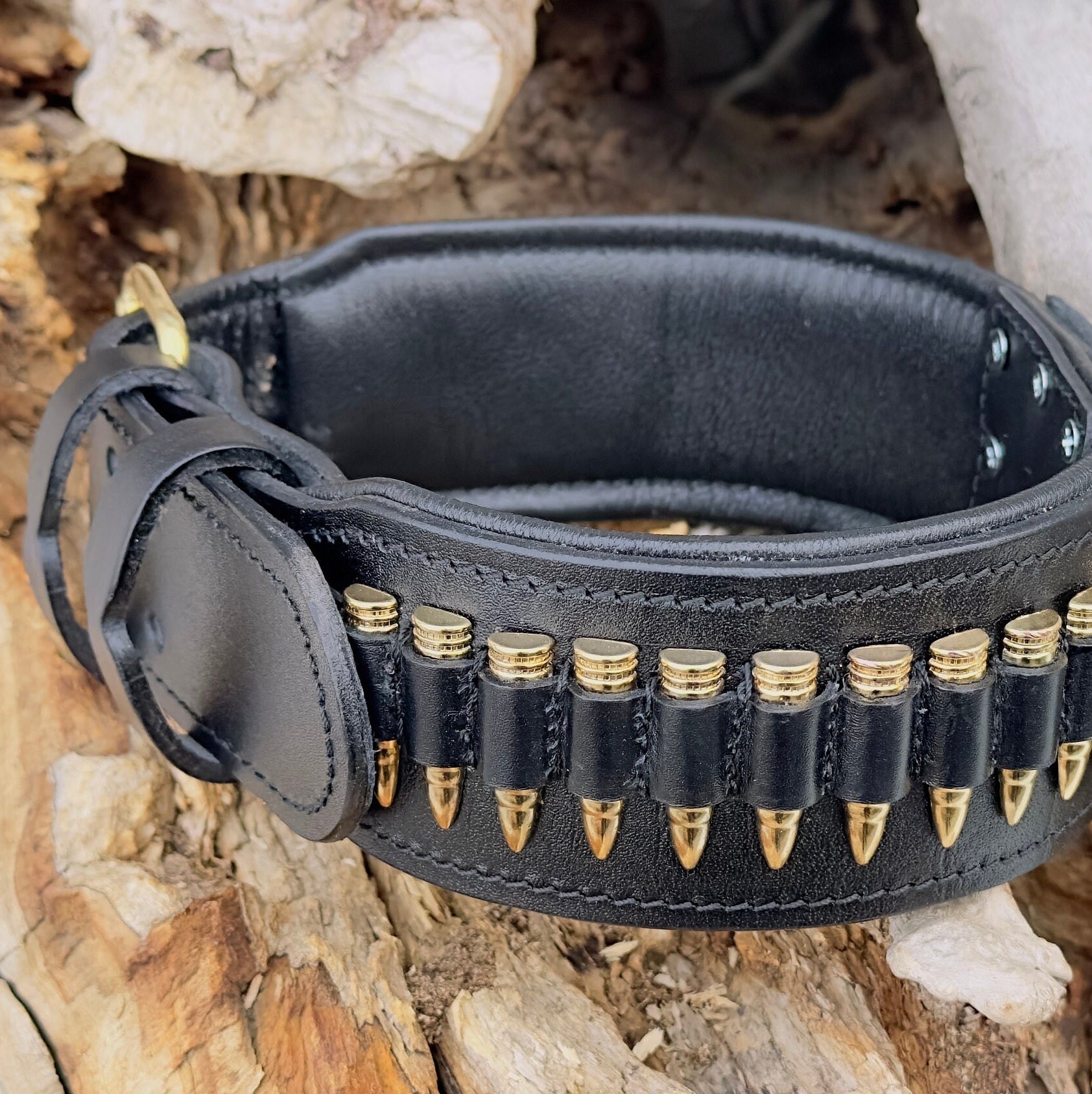 LEATHER DOG NECK COLLAR & CHEST WALKER SET WITH LEAD DETAIL (BLACK-GOLD)