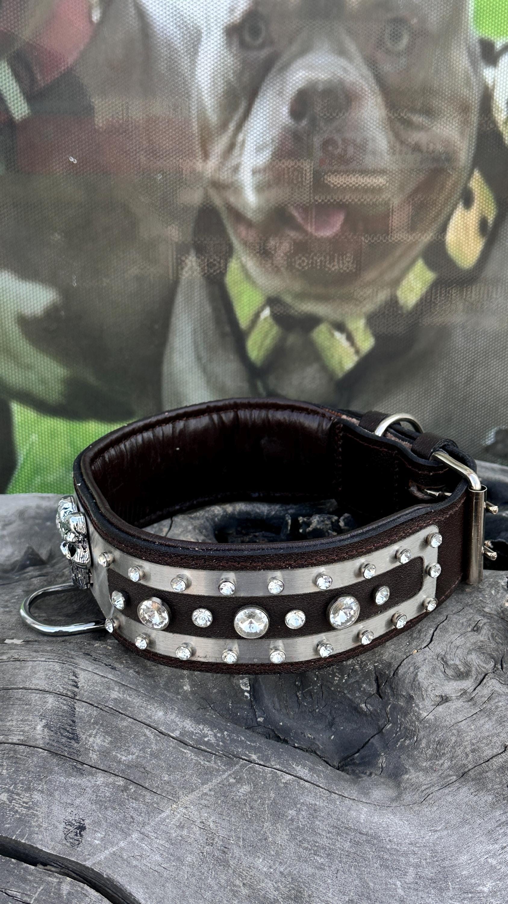 💀 6 cm Punisher logolu extreme kristal taşlı el yapımı deri köpek tasması – büyük ırklar için güçlü ve şık tasarım 🐾
