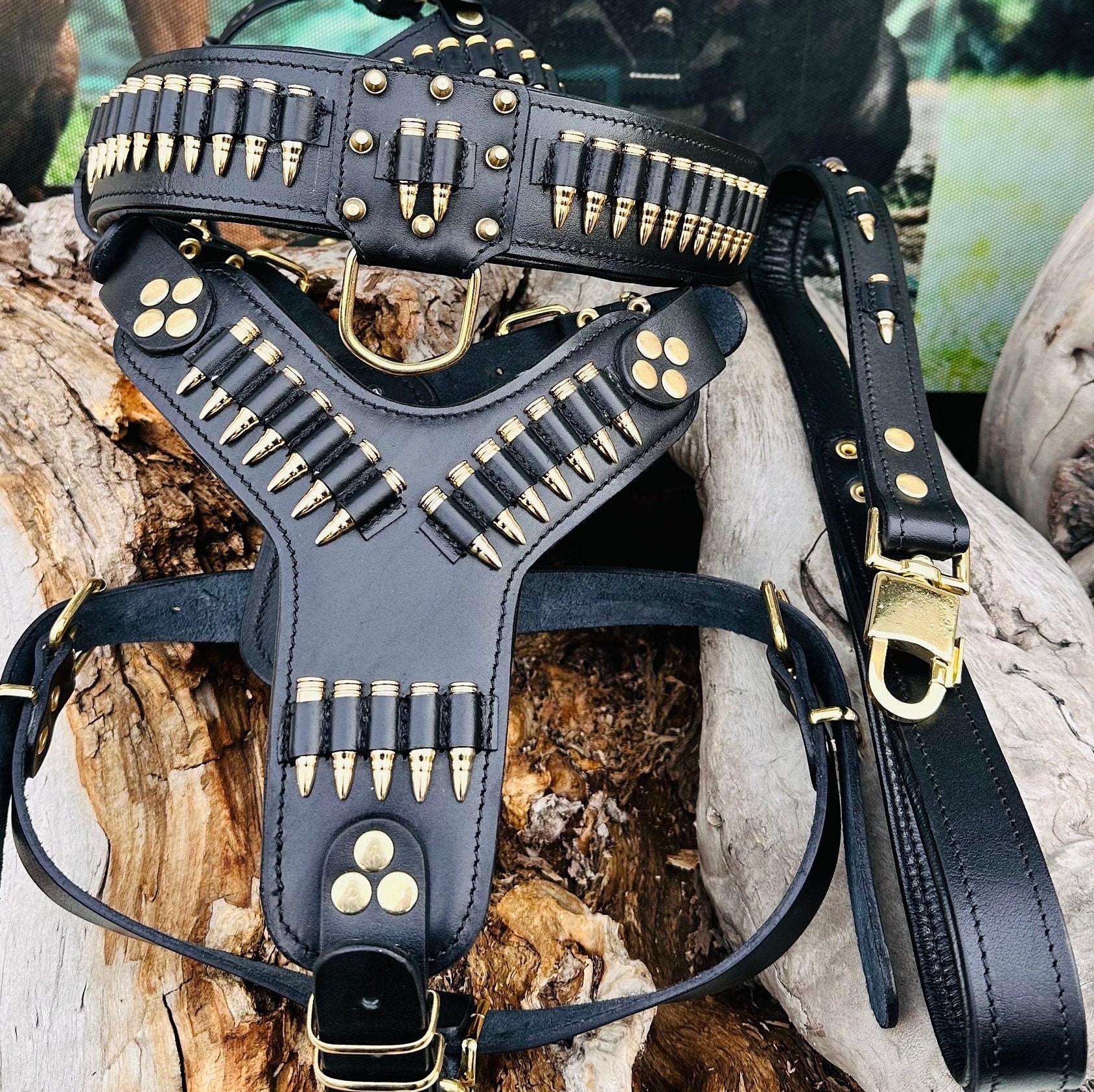 LEATHER DOG NECK COLLAR & CHEST WALKER SET WITH LEAD DETAIL (BLACK-GOLD)