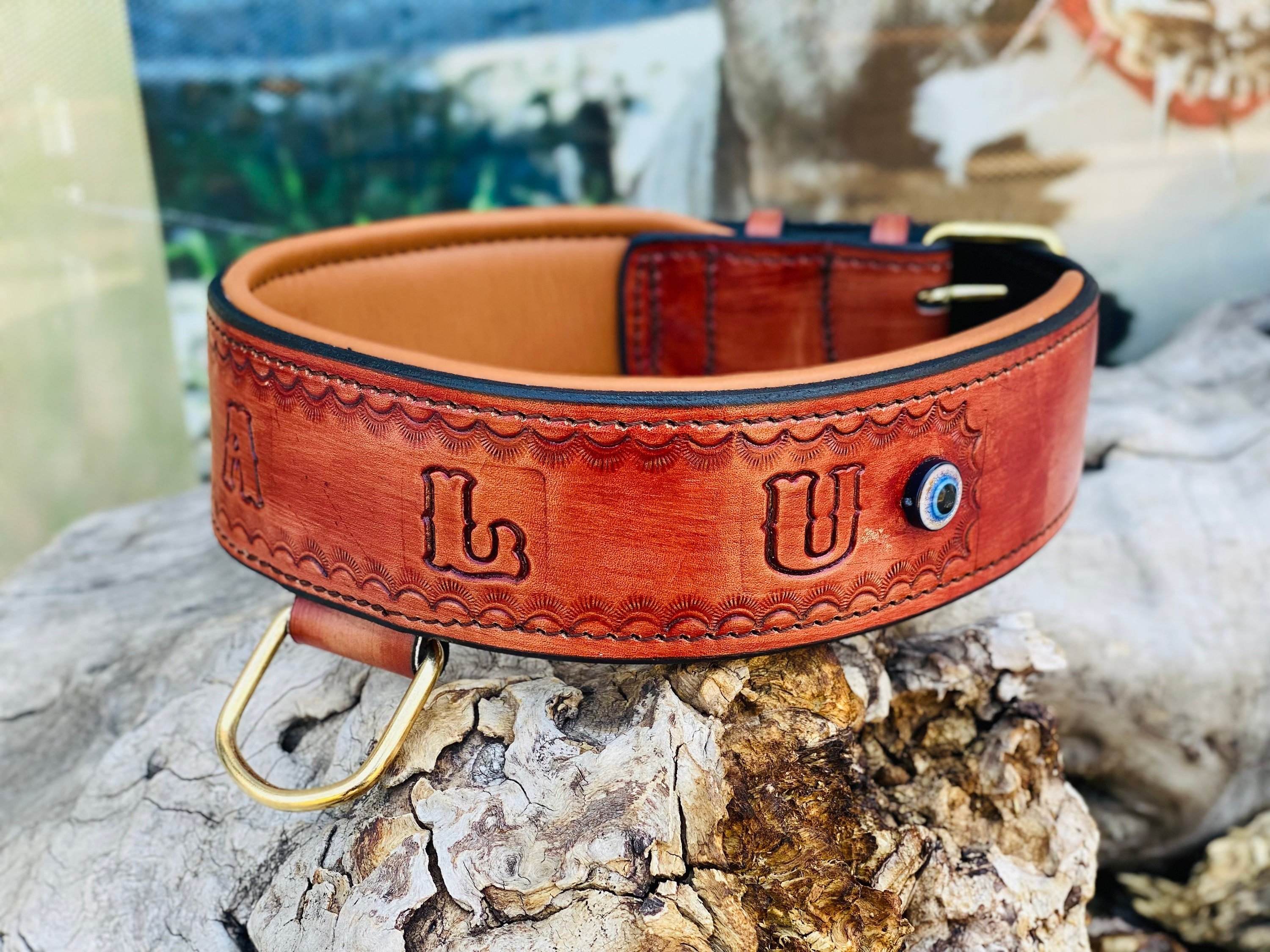 🧿 6 cm hand crafted el işlemeli özel isimli nazar boncuklu el yapımı deri köpek tasması – kişiye özel şık ve dayanıklı tasarım 🐾