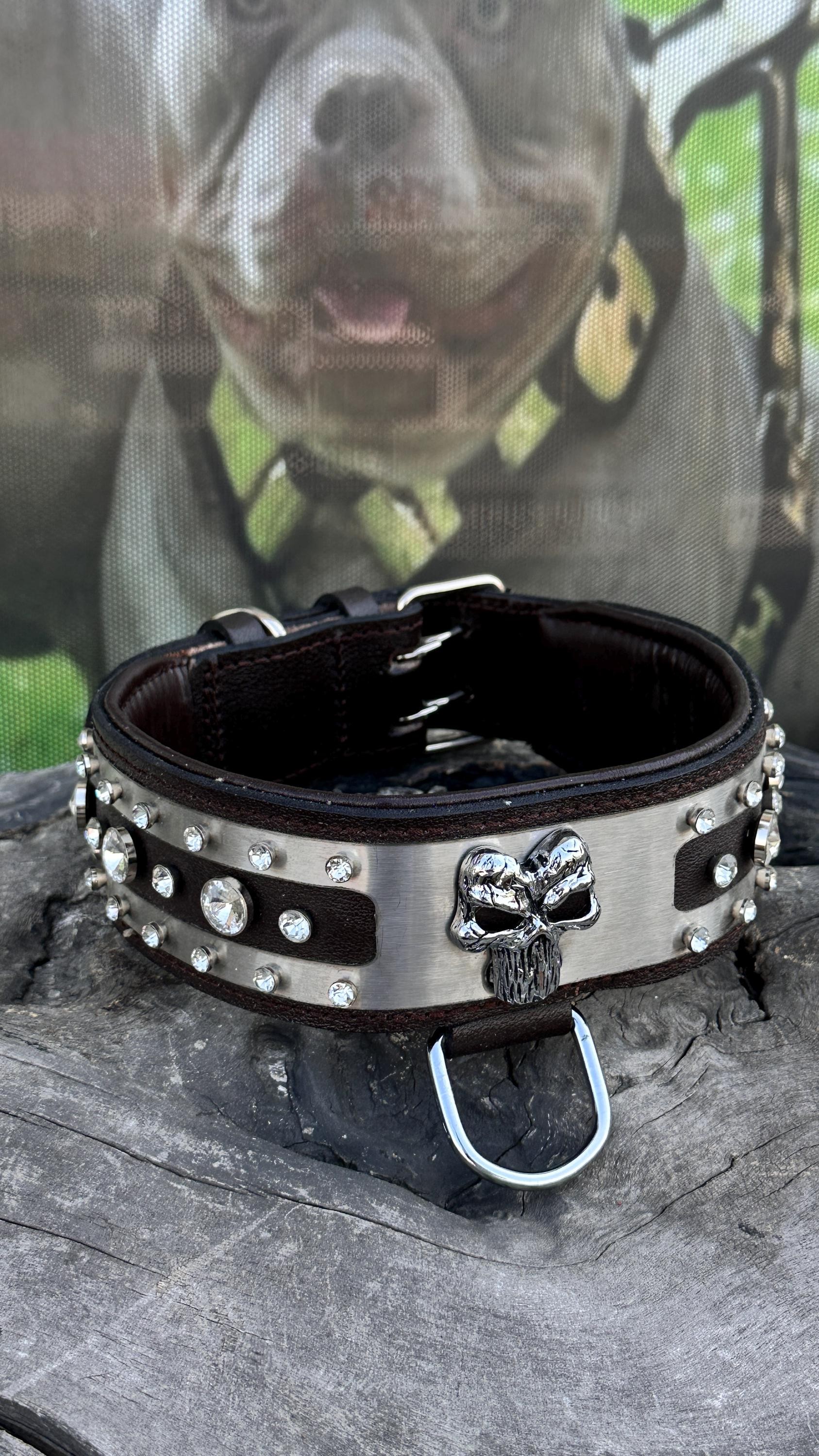 💀 6 cm Punisher logolu extreme kristal taşlı el yapımı deri köpek tasması – büyük ırklar için güçlü ve şık tasarım 🐾