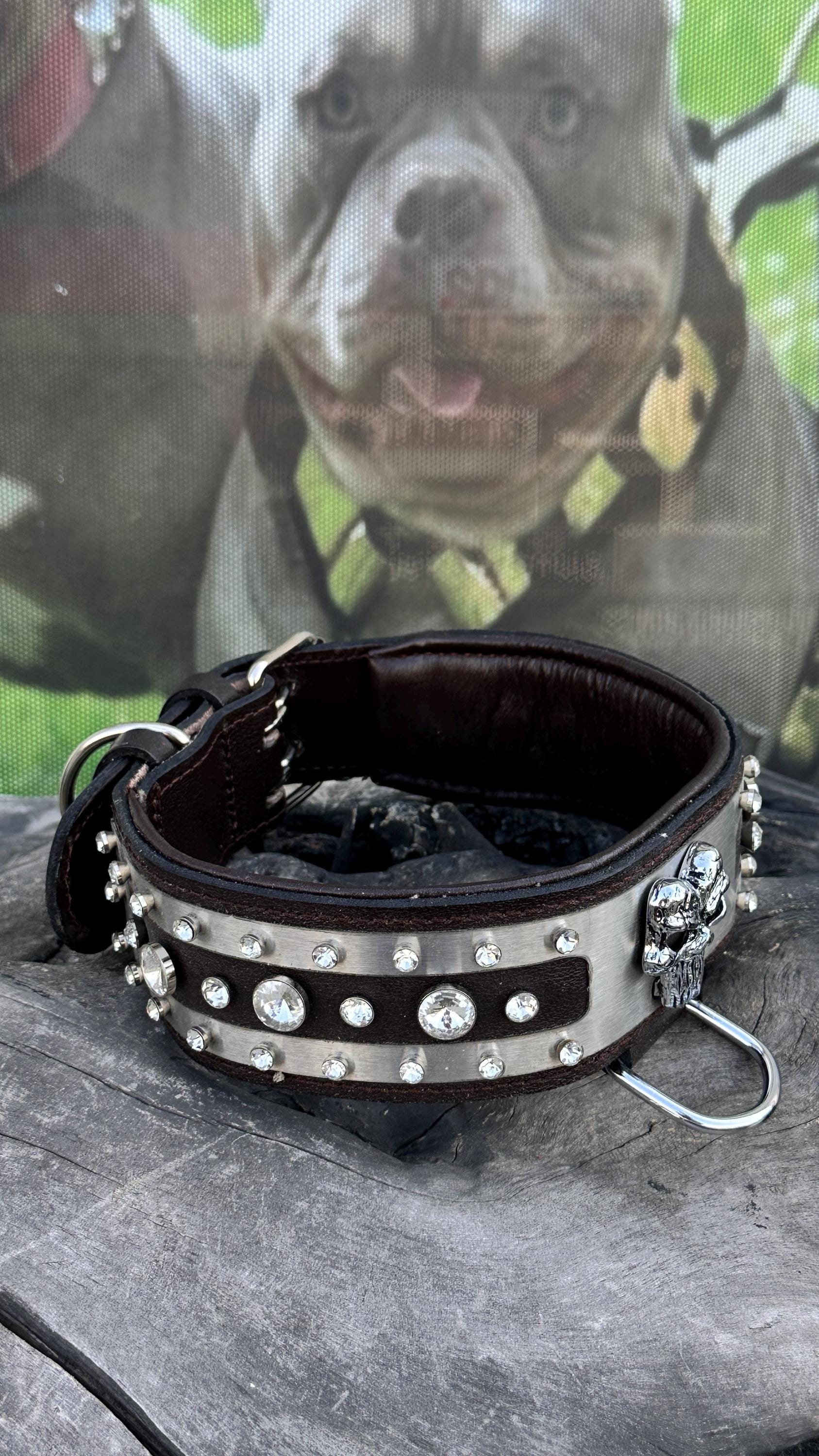 💀 6 cm Punisher logolu extreme kristal taşlı el yapımı deri köpek tasması – büyük ırklar için güçlü ve şık tasarım 🐾