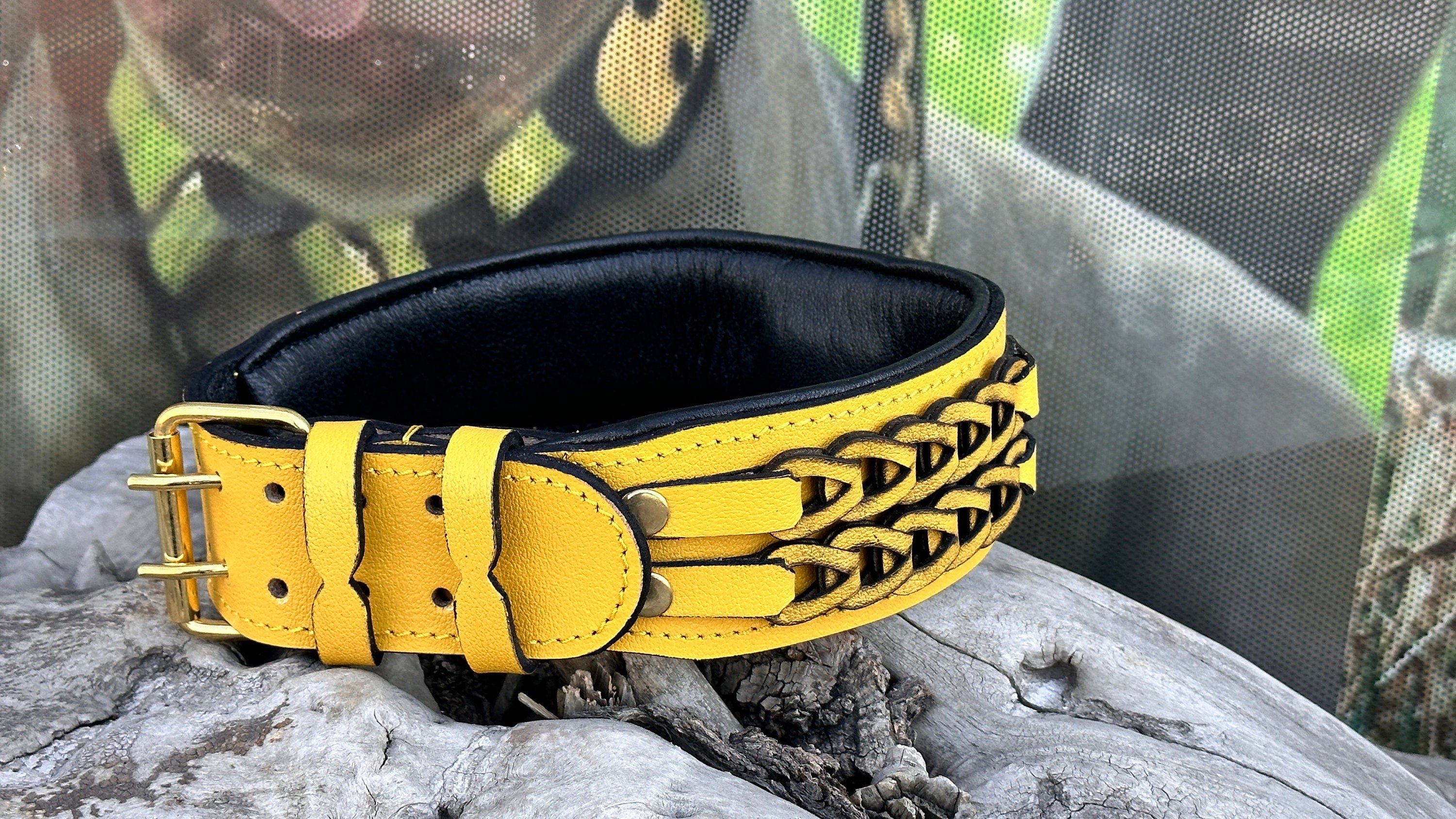 LEATHER MESH MODEL DOG NECK COLLAR (YELLOW)