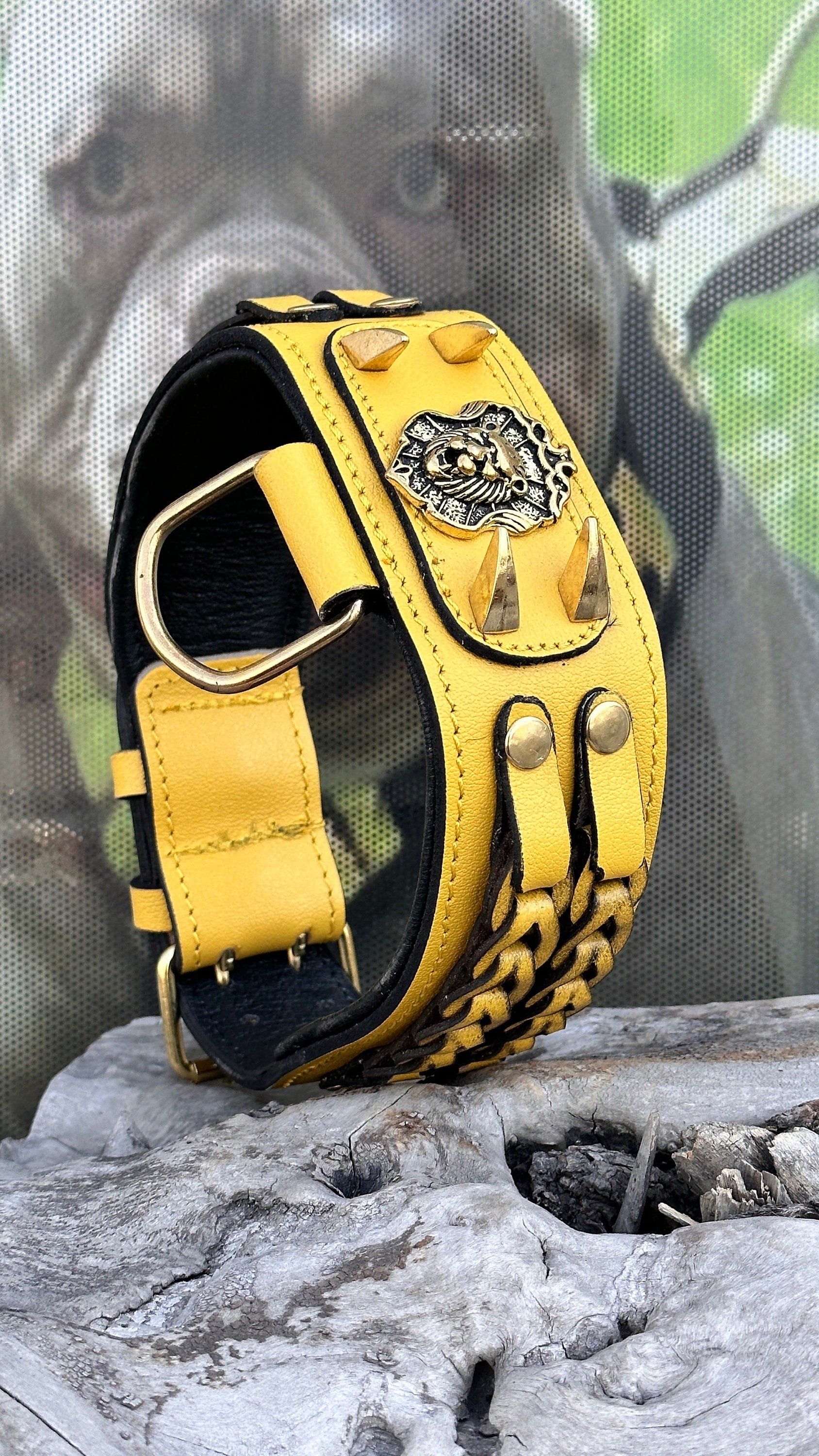 LEATHER MESH MODEL DOG NECK COLLAR (YELLOW)