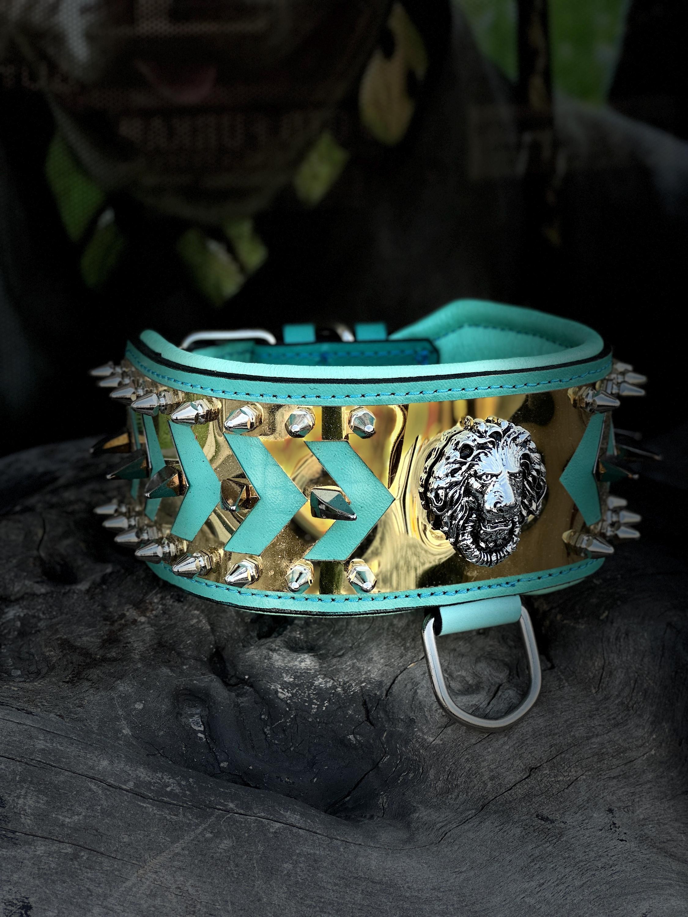 LEATHER DOG NECK COLLAR WITH STEEL BADGE DETAIL (TURQUOISE)