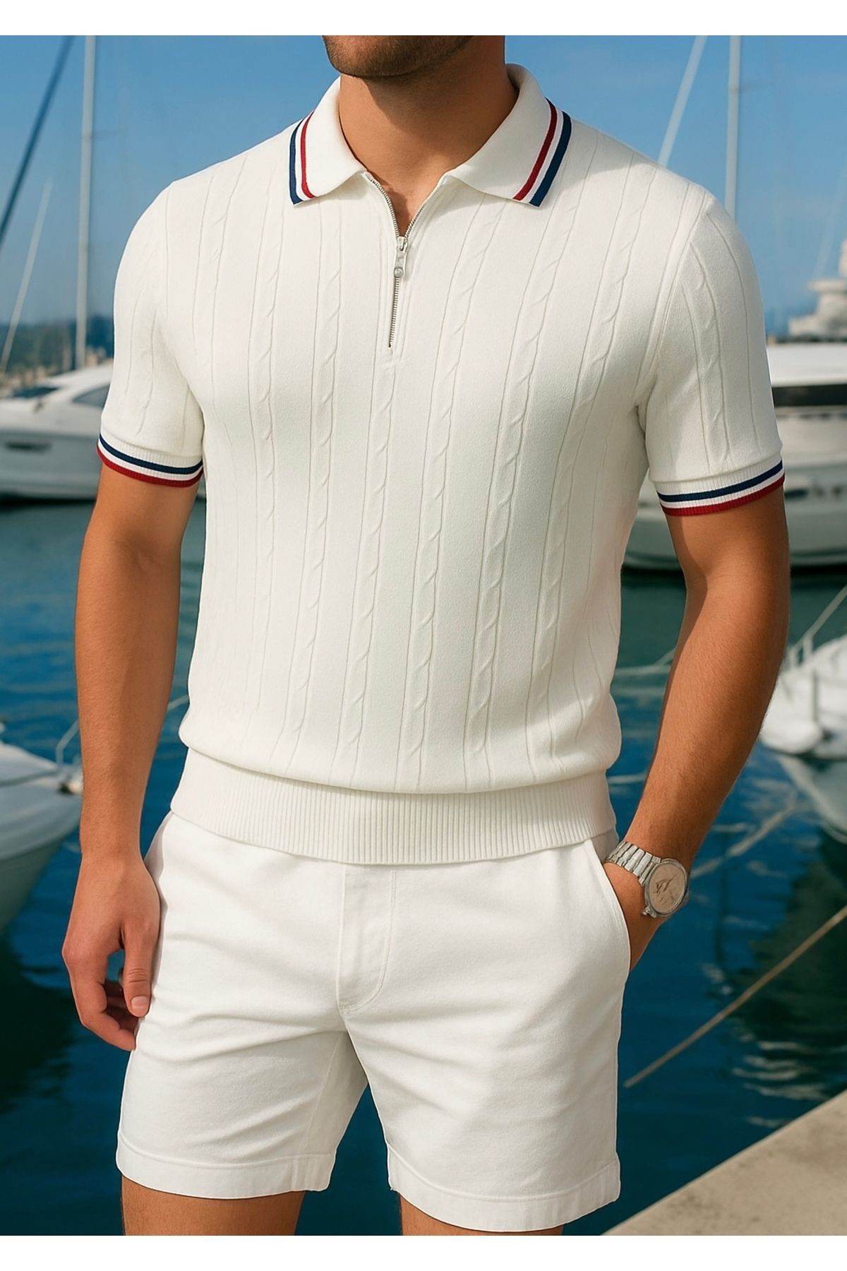 Erkek Polo Yaka Fermuarlı Merserize Pamuklu Triko -tshirt