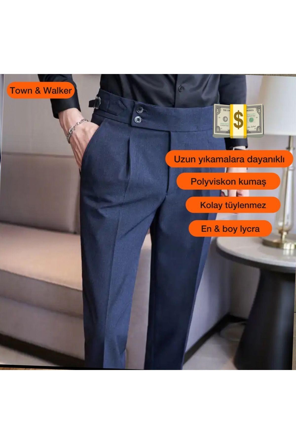 Lacivert Erkek İtalyan Kesim Kumaş Pantolon Bel Düğmeli Old Money