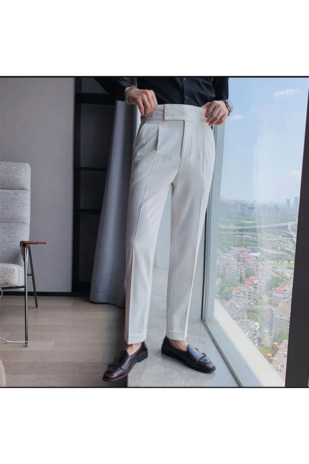 Beyaz Erkek Italyan Kesim Kumaş Pantolon Bel Düğmeli Old Money tarz