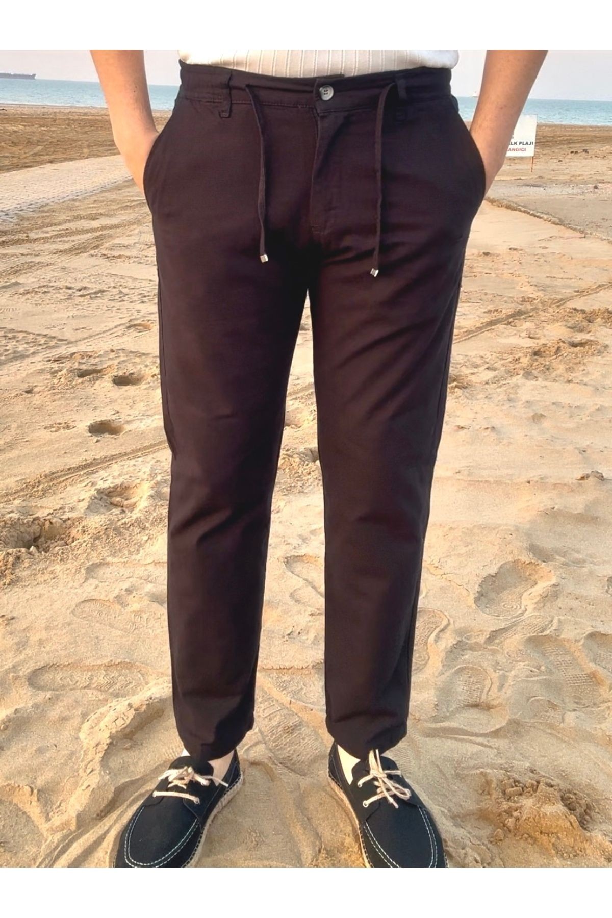 Erkek Slim Fit Old Money %100 Pamuk Flamlı Keten Görünümlü Bel Lastikli Jogger Pantolon
