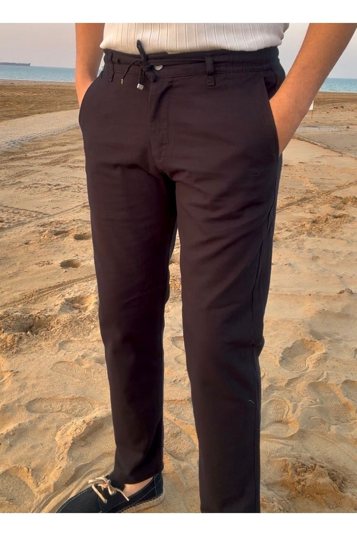 Erkek Slim Fit Old Money %100 Pamuk Flamlı Keten Görünümlü Bel Lastikli Jogger Pantolon