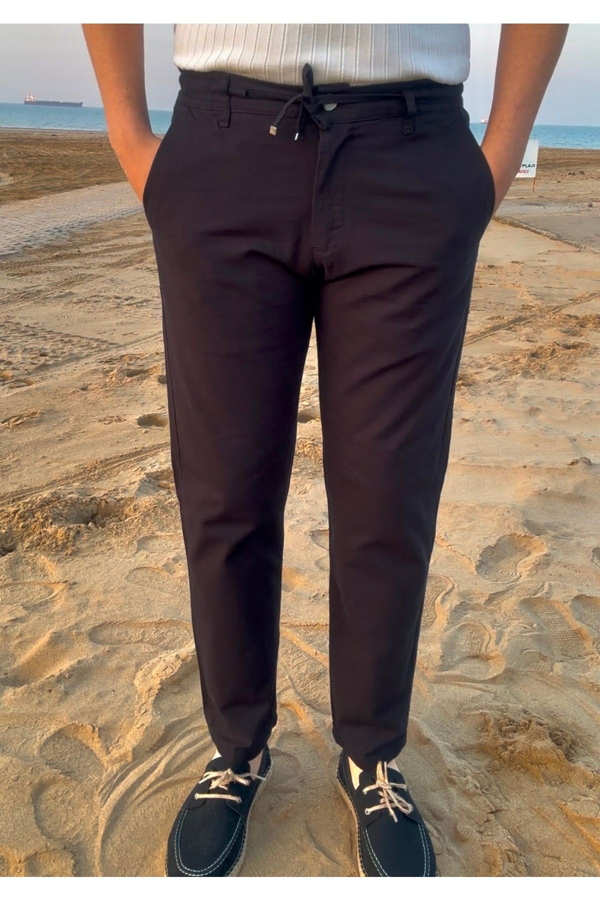 Erkek Slim Fit Old Money %100 Pamuk Flamlı Keten Görünümlü Bel Lastikli Jogger Pantolon