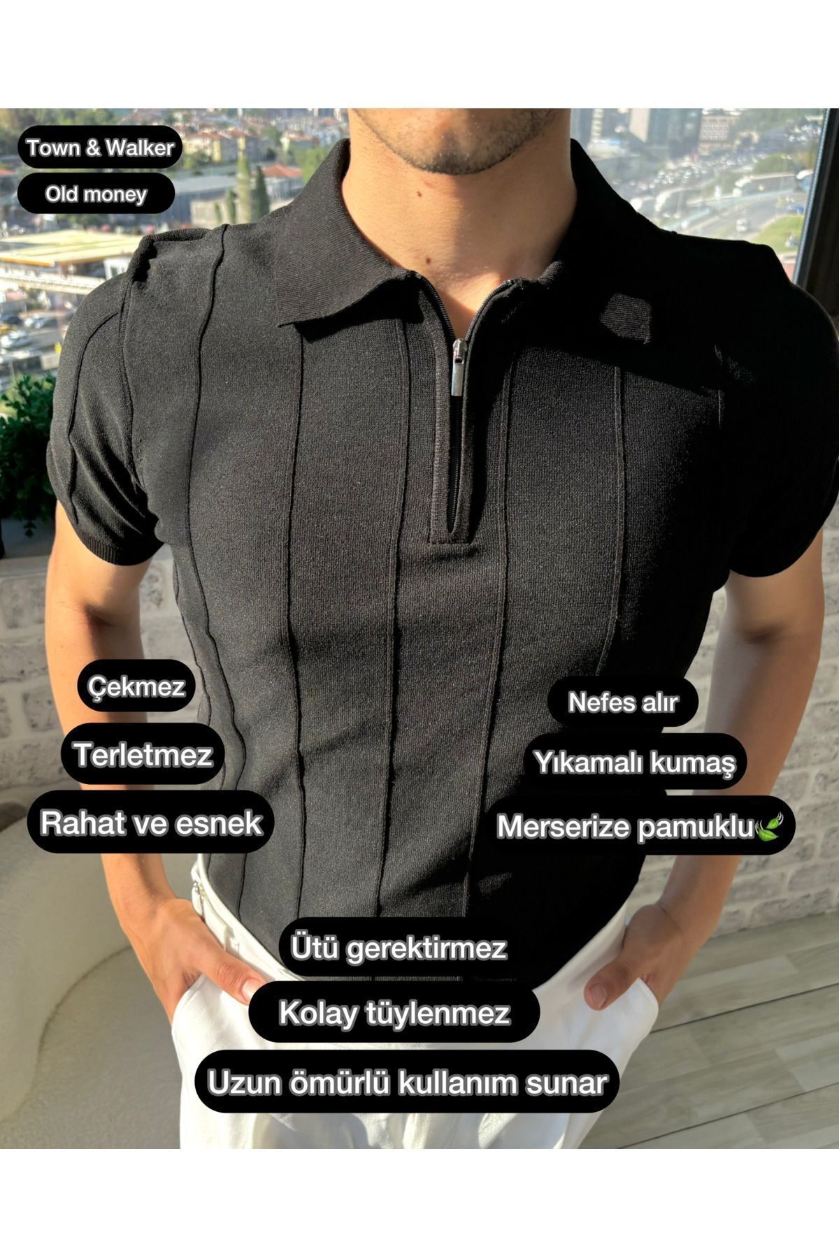 Erkek Polo Yaka Fermuarlı  Örme Triko T-shirt Old money