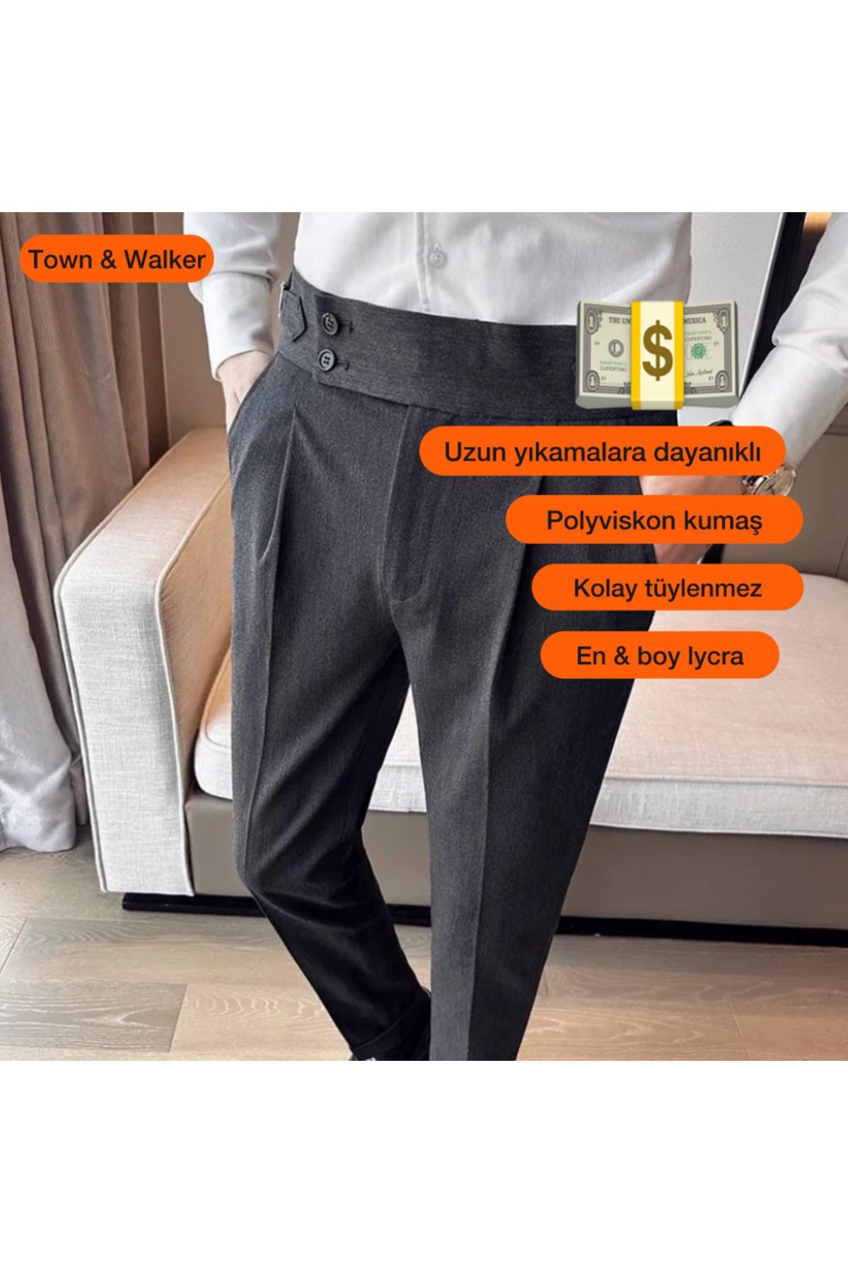 Erkek Italyan Kesim Kumaş Pantolon Bel Düğmeli Old Money tarz