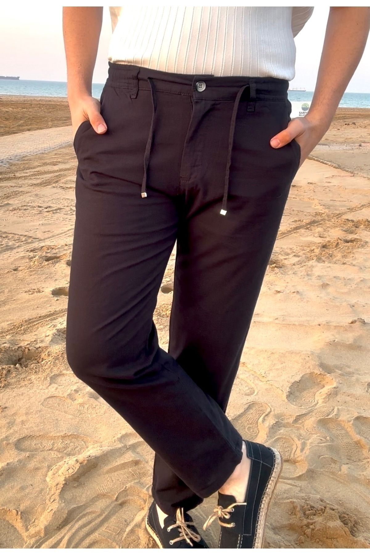 Erkek Slim Fit Old Money %100 Pamuk Flamlı Keten Görünümlü Bel Lastikli Jogger Pantolon